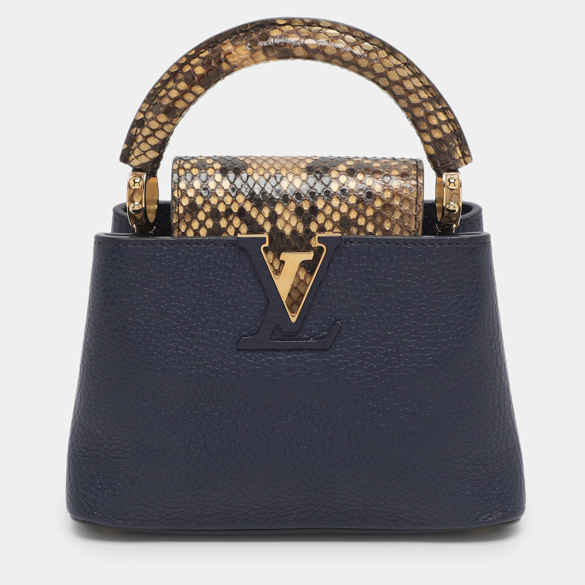 Pre Owned Louis Vuitton Capucines Mini Navy Blue Leather and Python Top Handle Bag