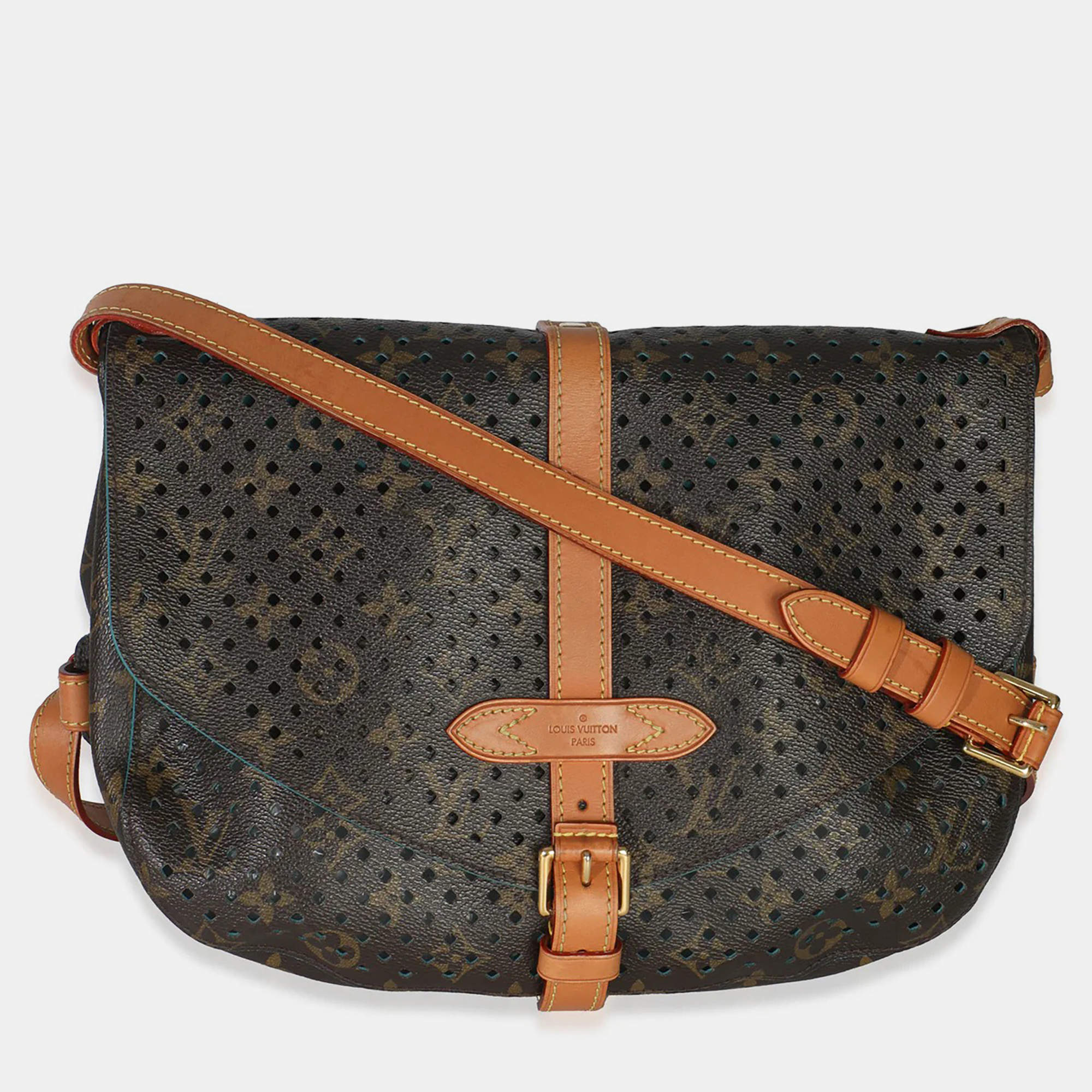 Pre Owned Louis Vuitton Teal Monogram Canvas Flore Perforated Saumur