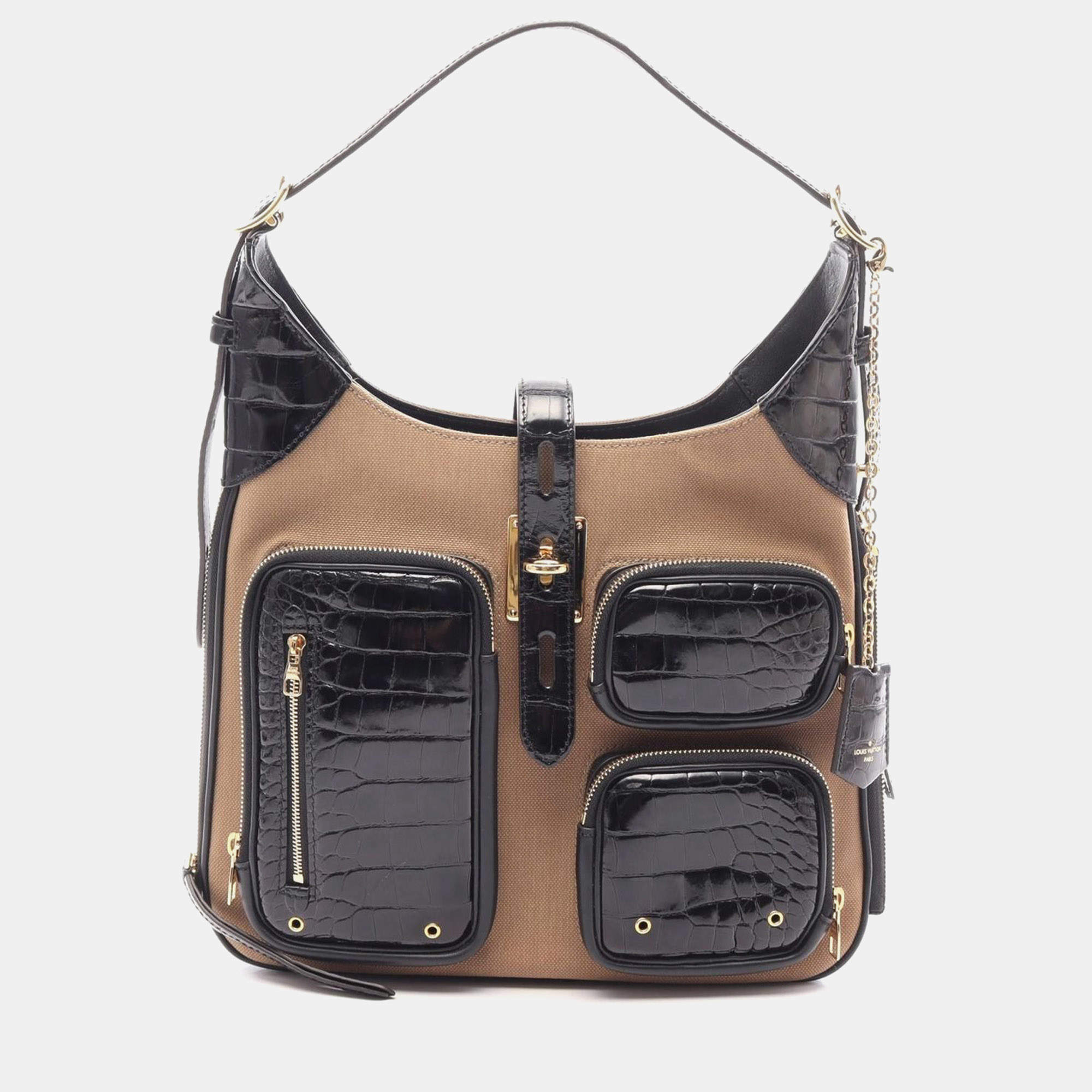 Pre Owned Louis Vuitton Hobo Cargo Fall 2021 Beige Canvas Crocodile Embossed Leather Shoulder Bag