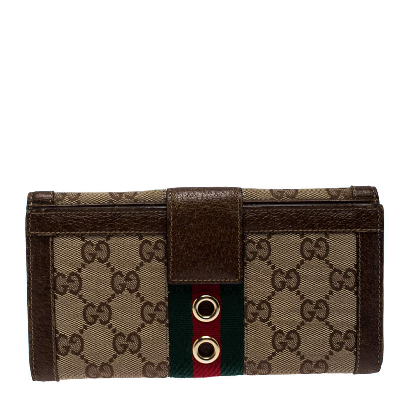 Gucci Brown/Beige GG Canvas Web Eyelet Flap Wallet