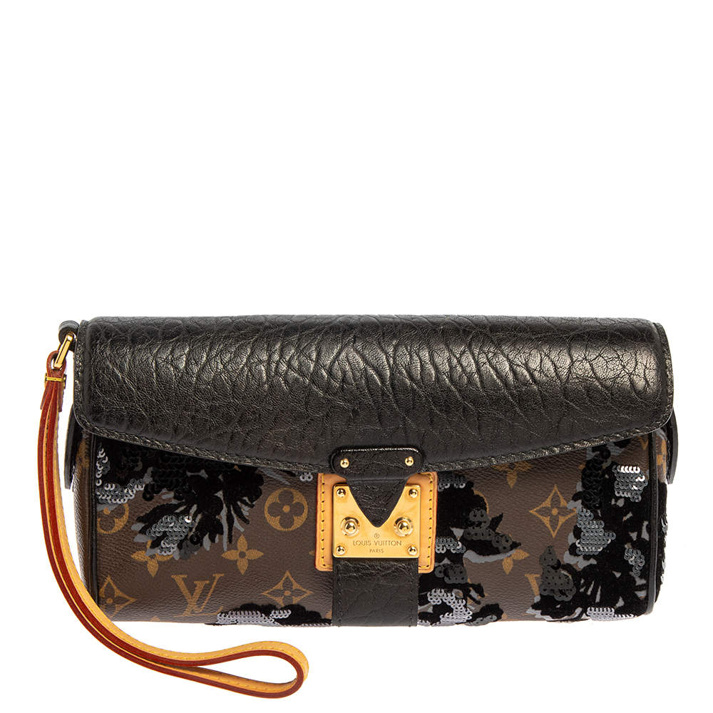 Pre Owned Louis Vuitton Black/Monogram Canvas and Leather Limited Edition Fleur de Jais Manege Clutch
