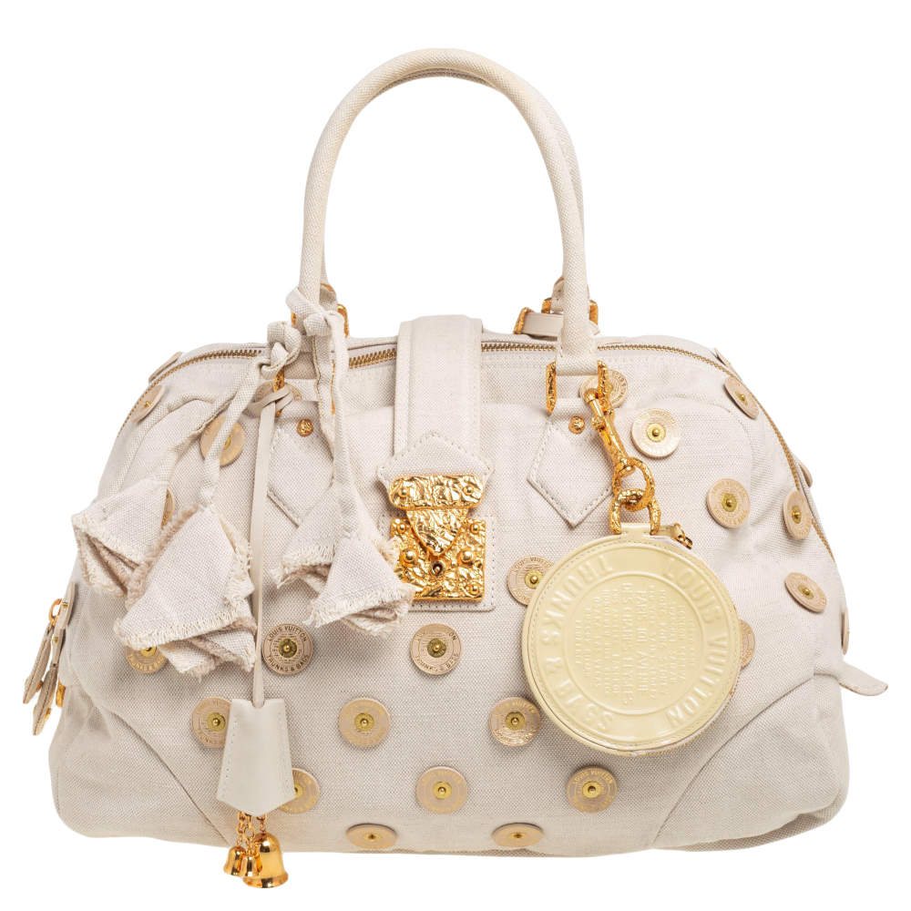 Pre Owned Louis Vuitton Light Beige Canvas Bowly Polka Dot Panama Bag