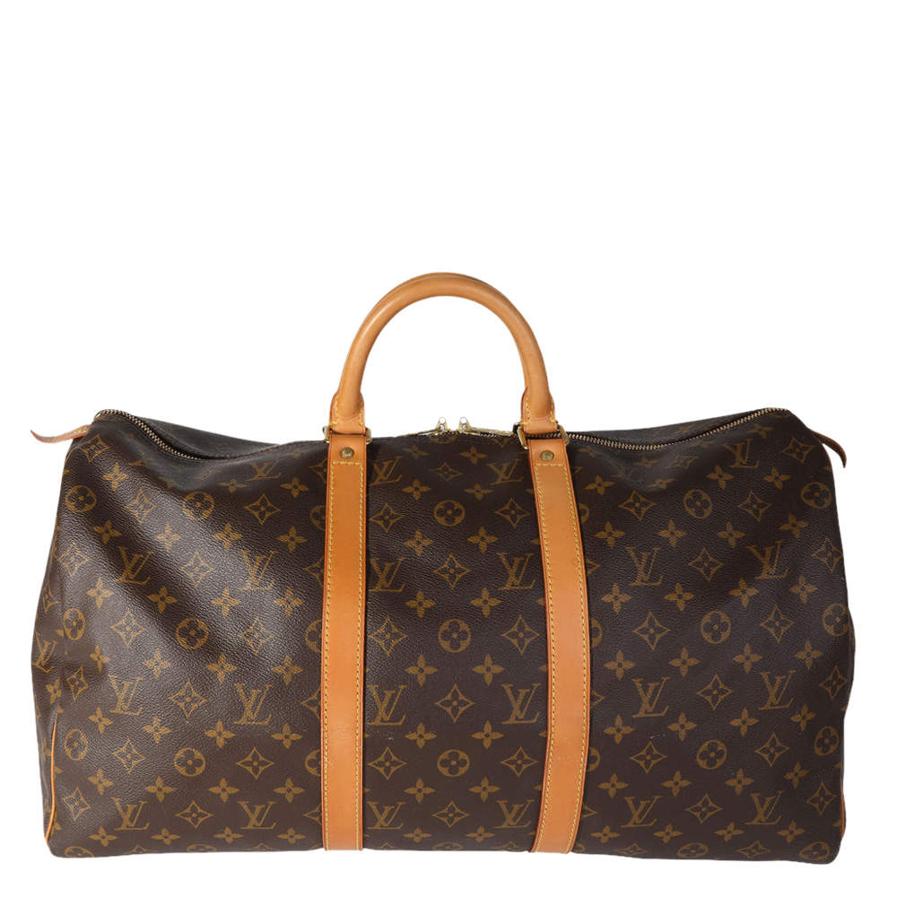 Pre Owned Louis Vuitton Brown Monogram Coated Canvas Leather Keepall 50 Duffel Bag