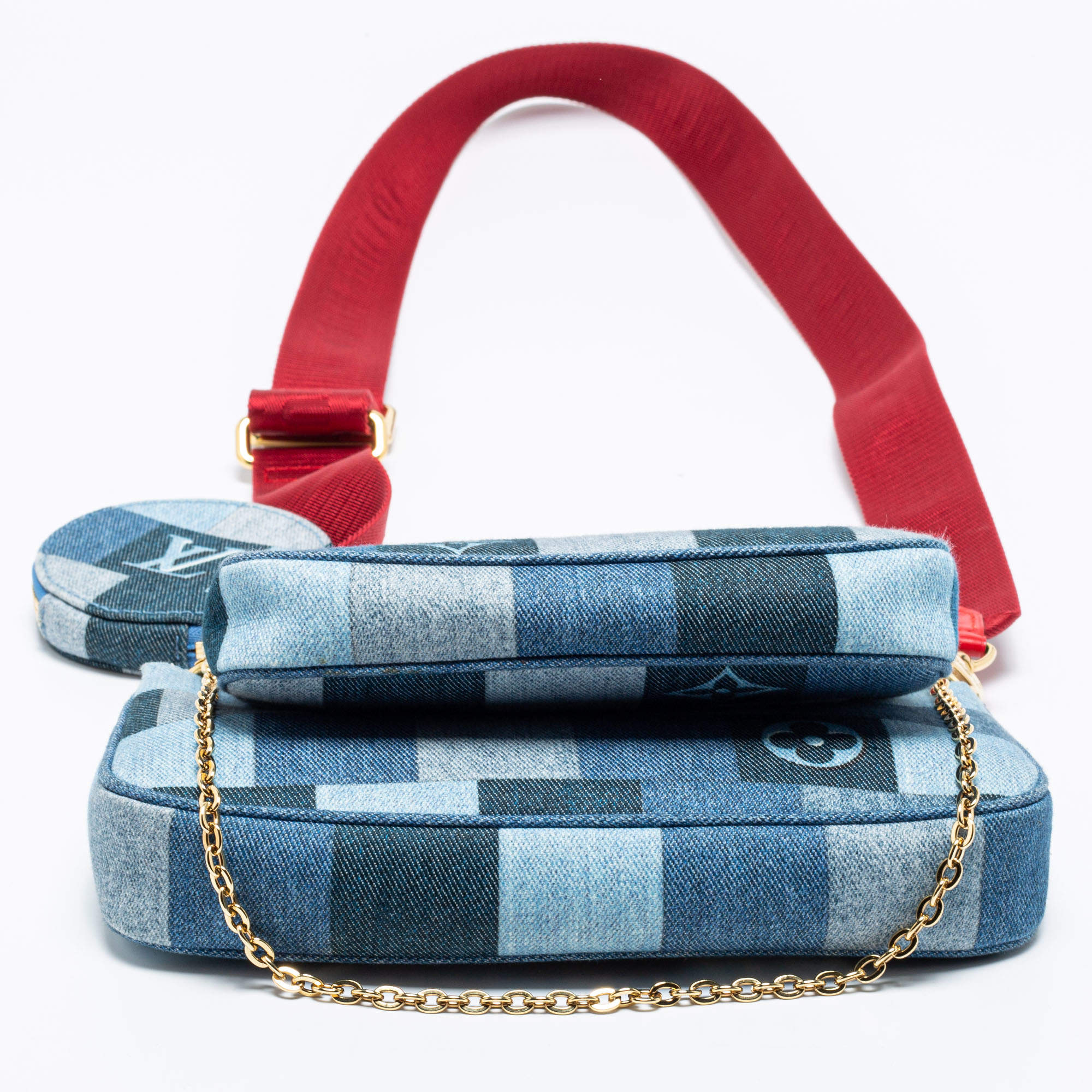 Louis Vuitton Blue and Red Damier Monogram Denim Patchwork Multi Pochette Accesoires Gold Hardware, 2019, Blue/Red Womens Handbag
