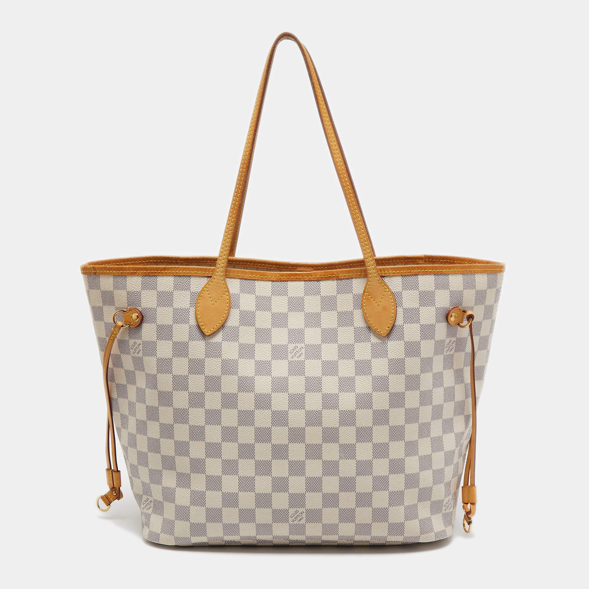 Louis Vuitton White and Beige Damier Azur Coated Canvas Neverfull mm Gold Hardware (Very Good), White/Beige Womens Handbag