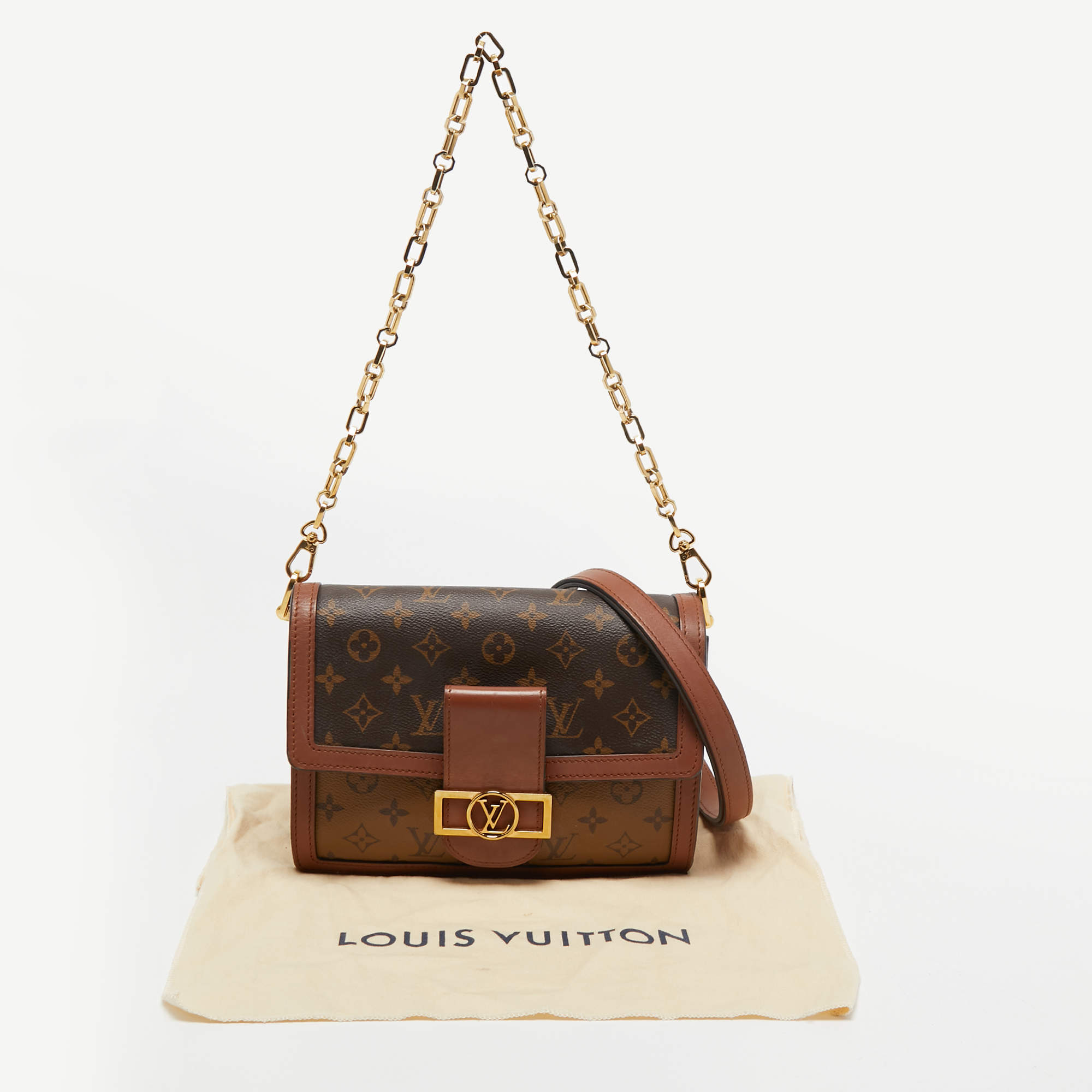 Louis Vuitton Ebene Reverse Monogram Dauphine mm Shoulder Bag Gold Hardware, 2019 (Like New)