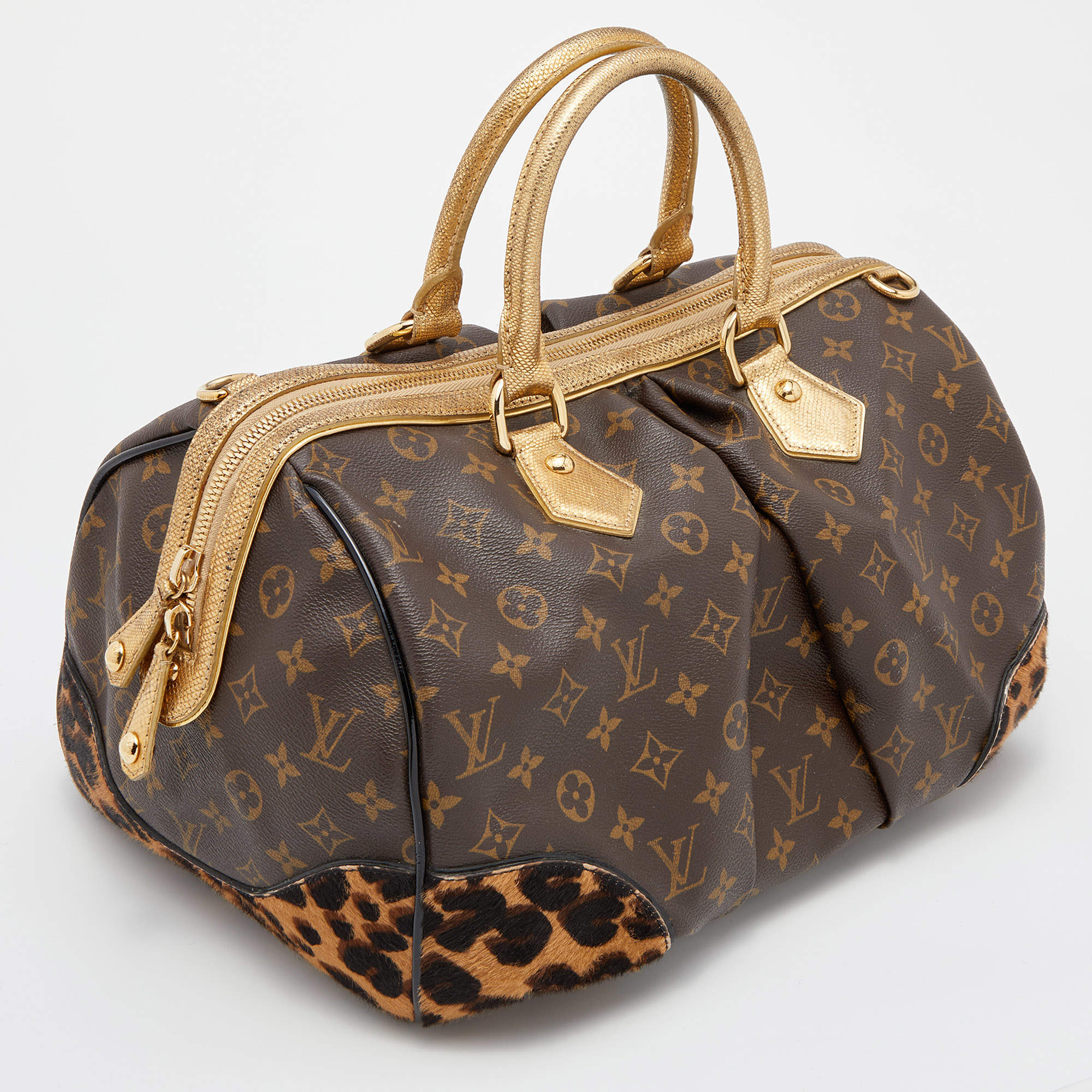 LOUIS VUITTON Monogram/snakeskin leather Leopard Stephen gold buckle handle  shoulder bag brown