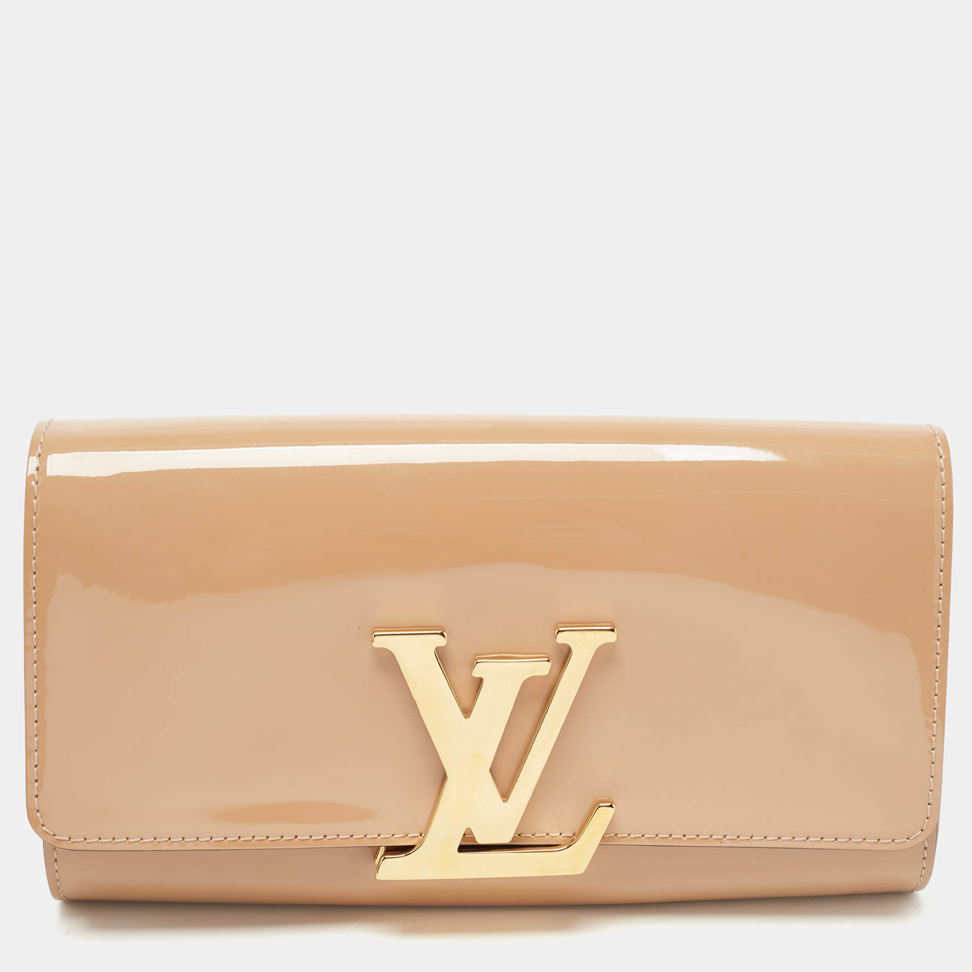 Louis Vuitton Brown Louise Vernis Clutch Beige Leather Patent