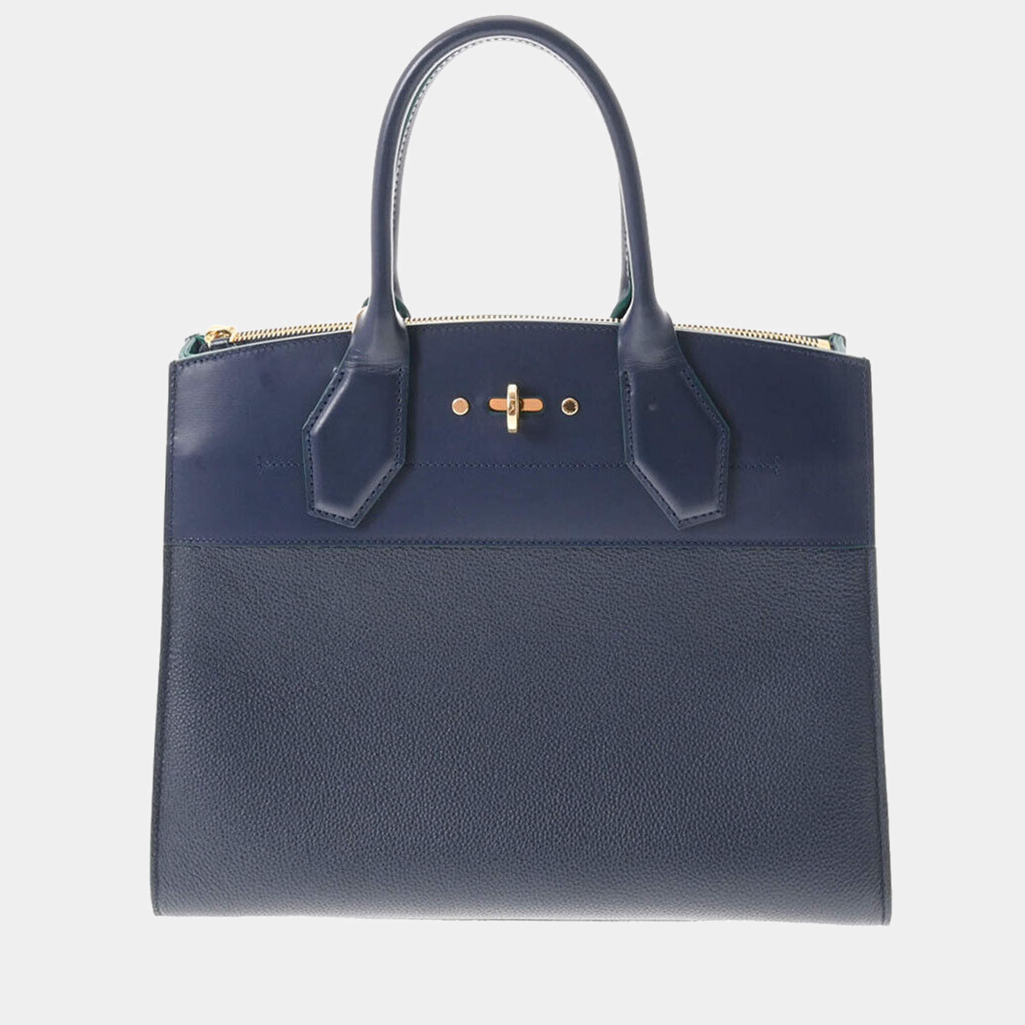 Louis Vuitton Navy Blue/Green Leather City Steamer MM Satchel Bag