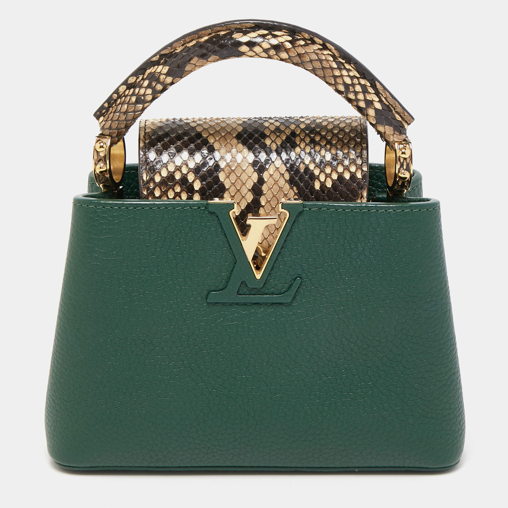 Pre Owned Louis Vuitton Green/Beige Leather and Python Capucines Mini Bag