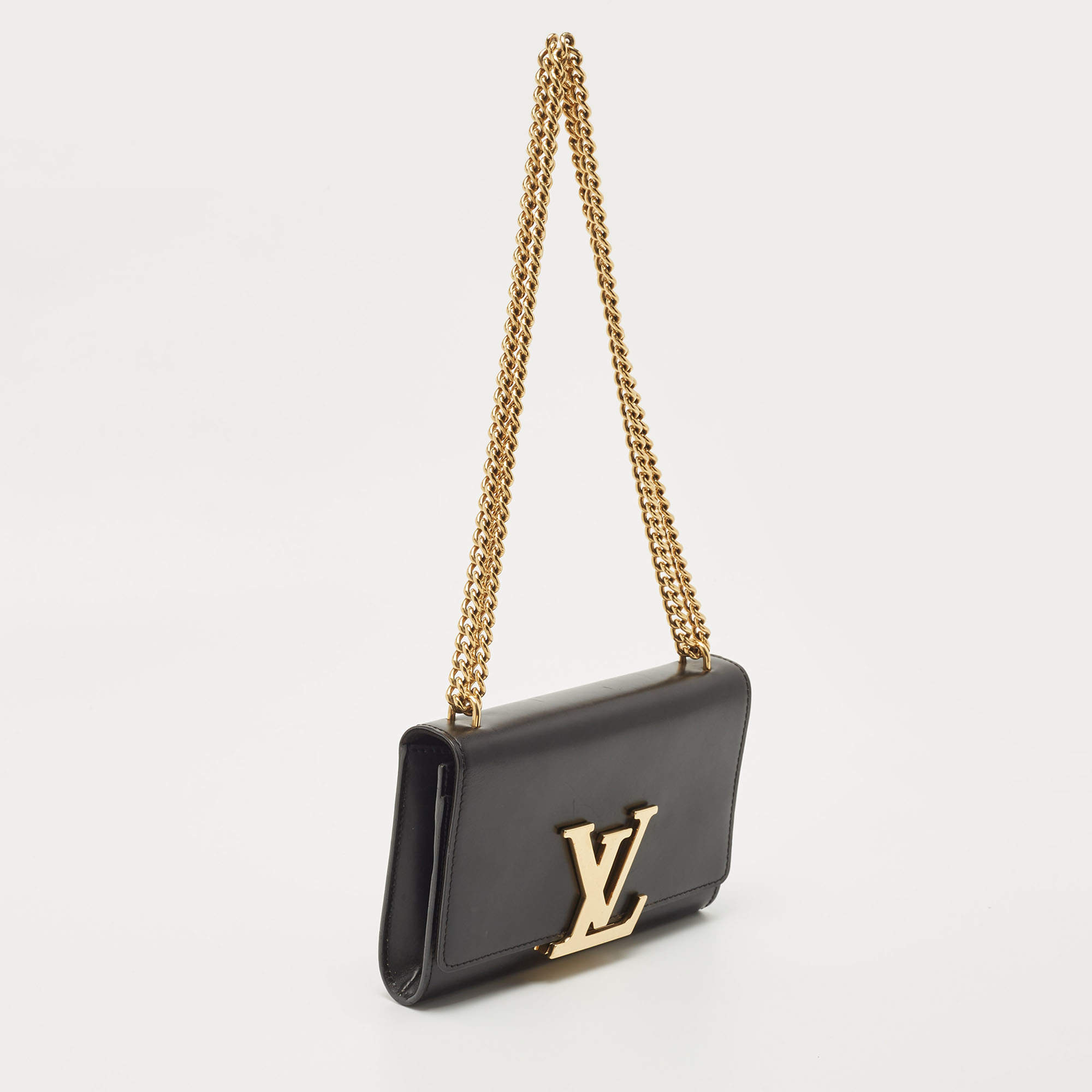 Louis Vuitton Black Leather Clutch Pochette Chain Louise MM, Small