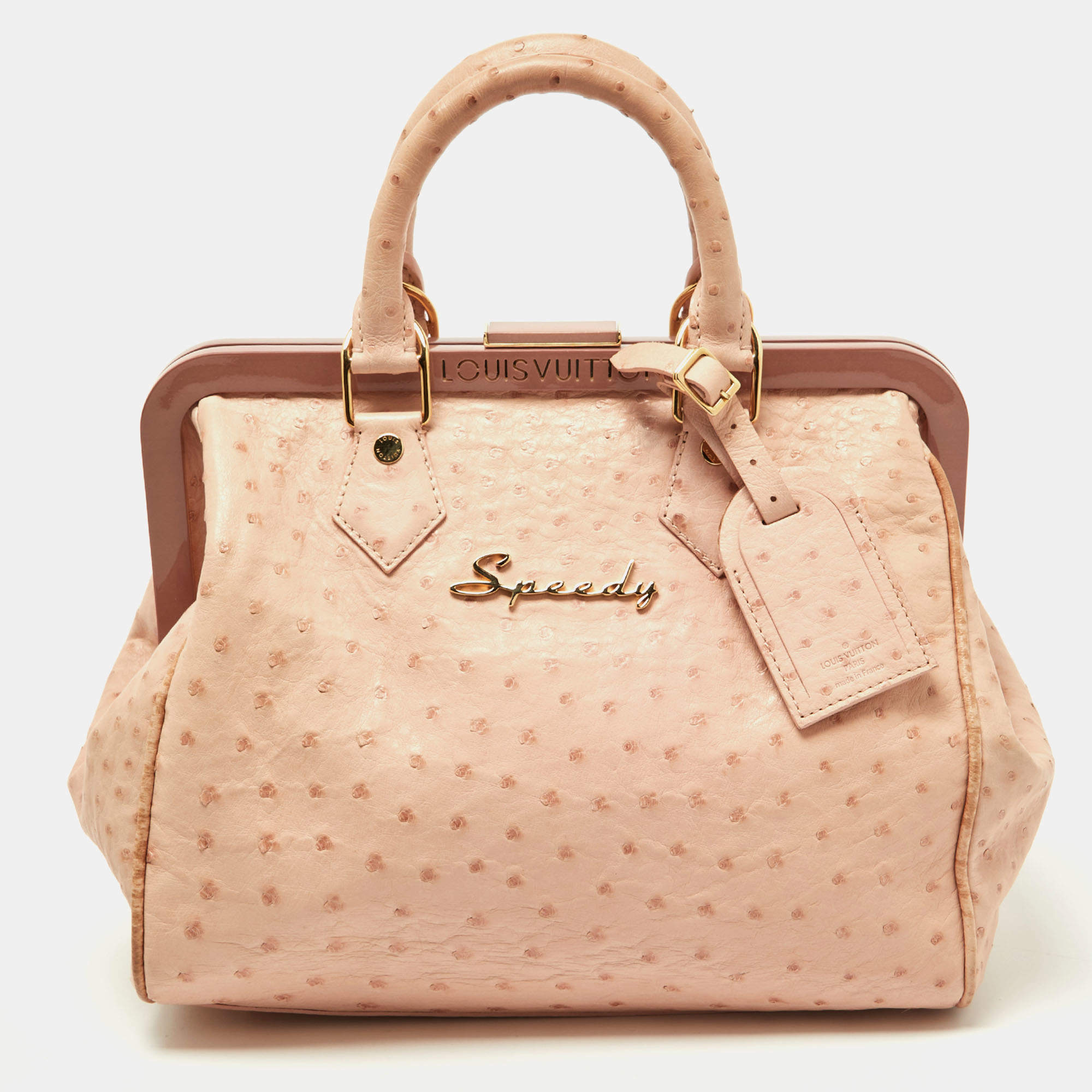 Pre Owned Louis Vuitton Poudre Ostrich Limited Edition Frame Speedy Bag