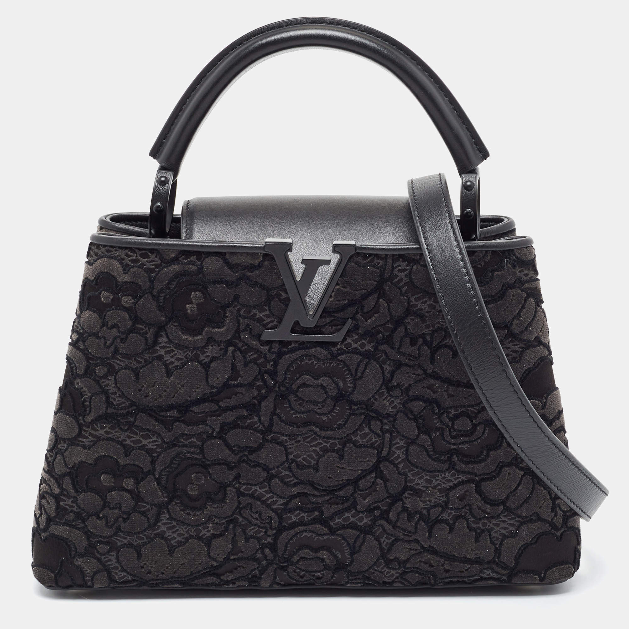 Pre Owned Louis Vuitton Black Leather and Lace Romantic Capucines BB Bag