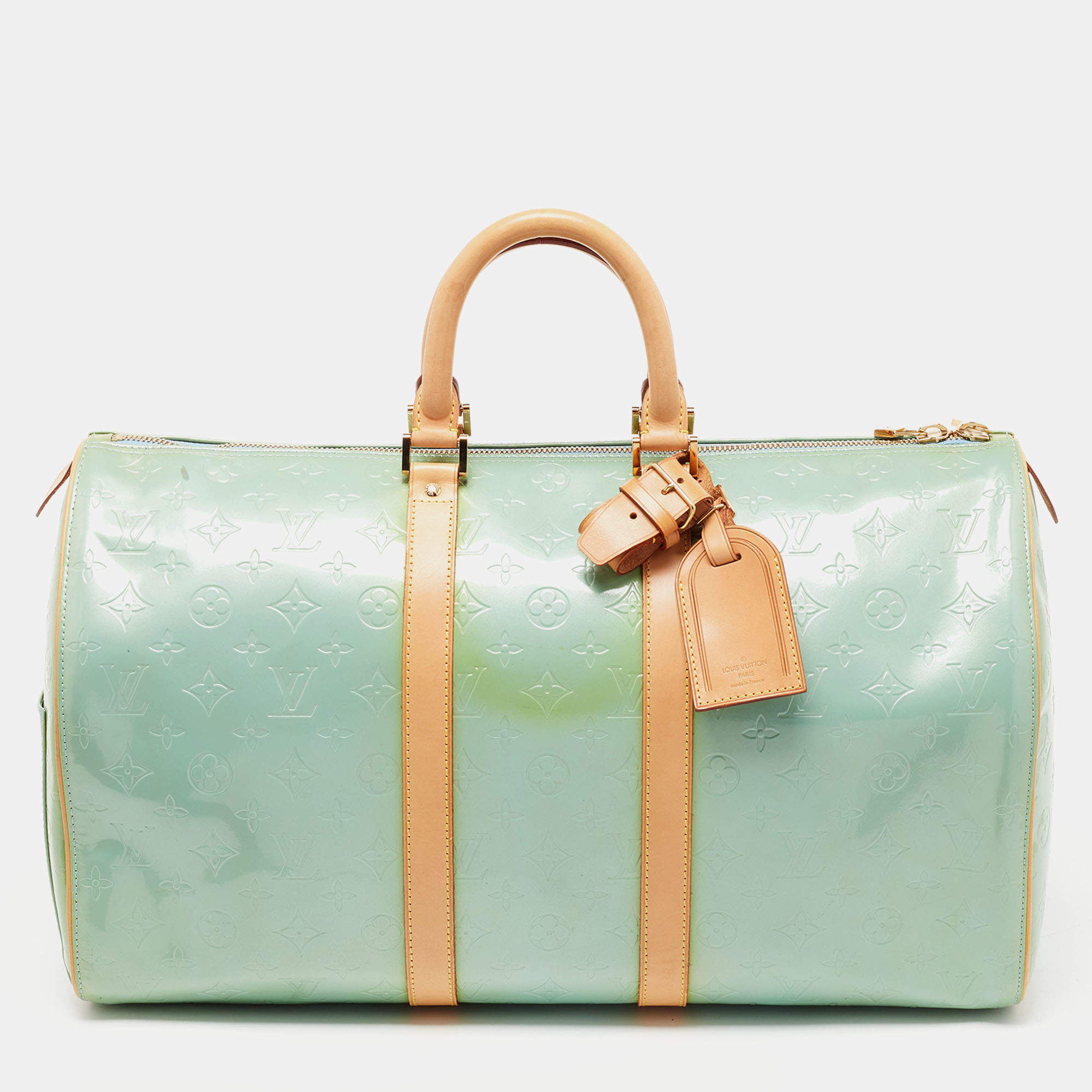 Pre Owned Louis Vuitton Baby Blue Monogram Vernis Keepall 45 Bag
