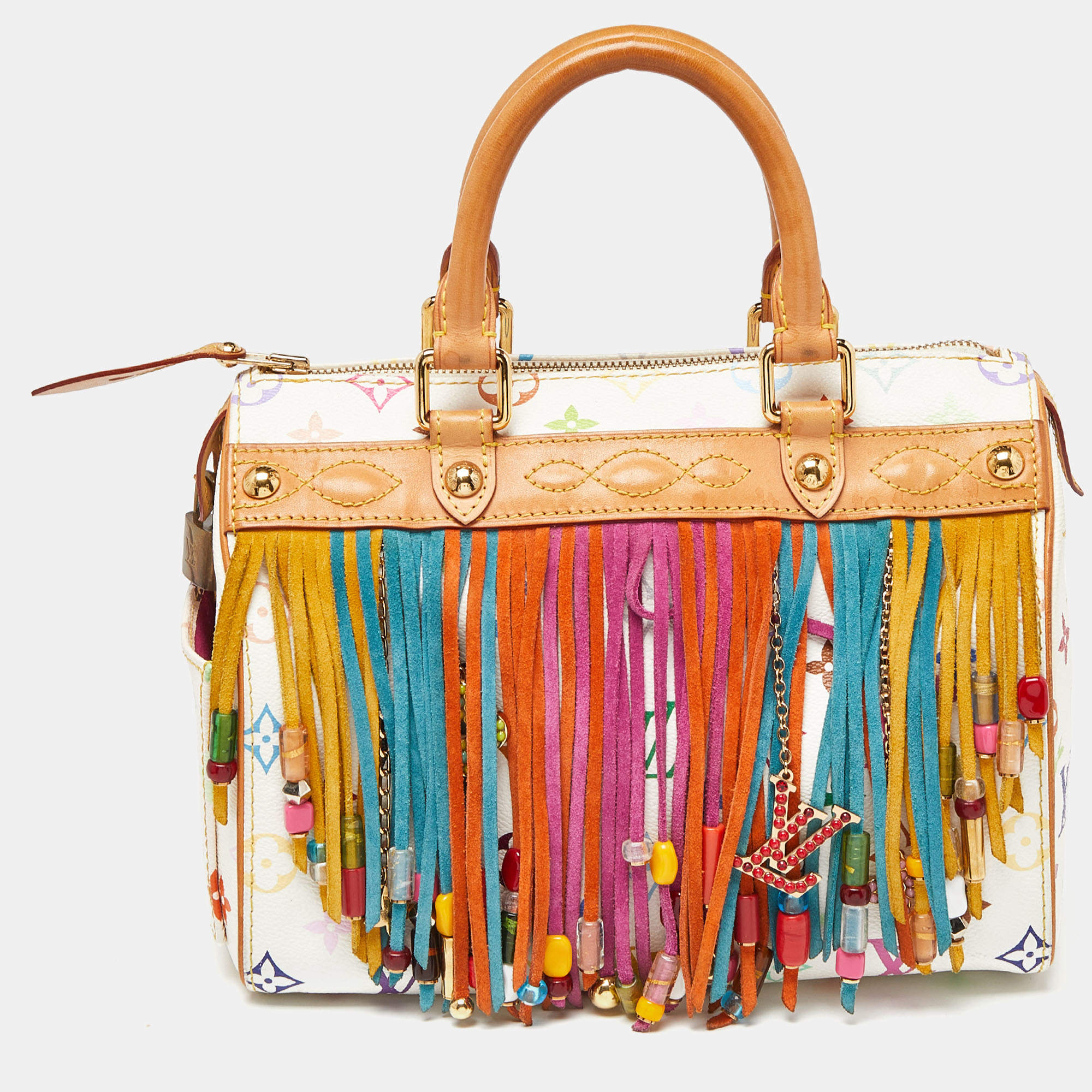 Louis Vuitton White Monogram Multicolore Canvas Limited Edition Fringe Speedy 25 Bag