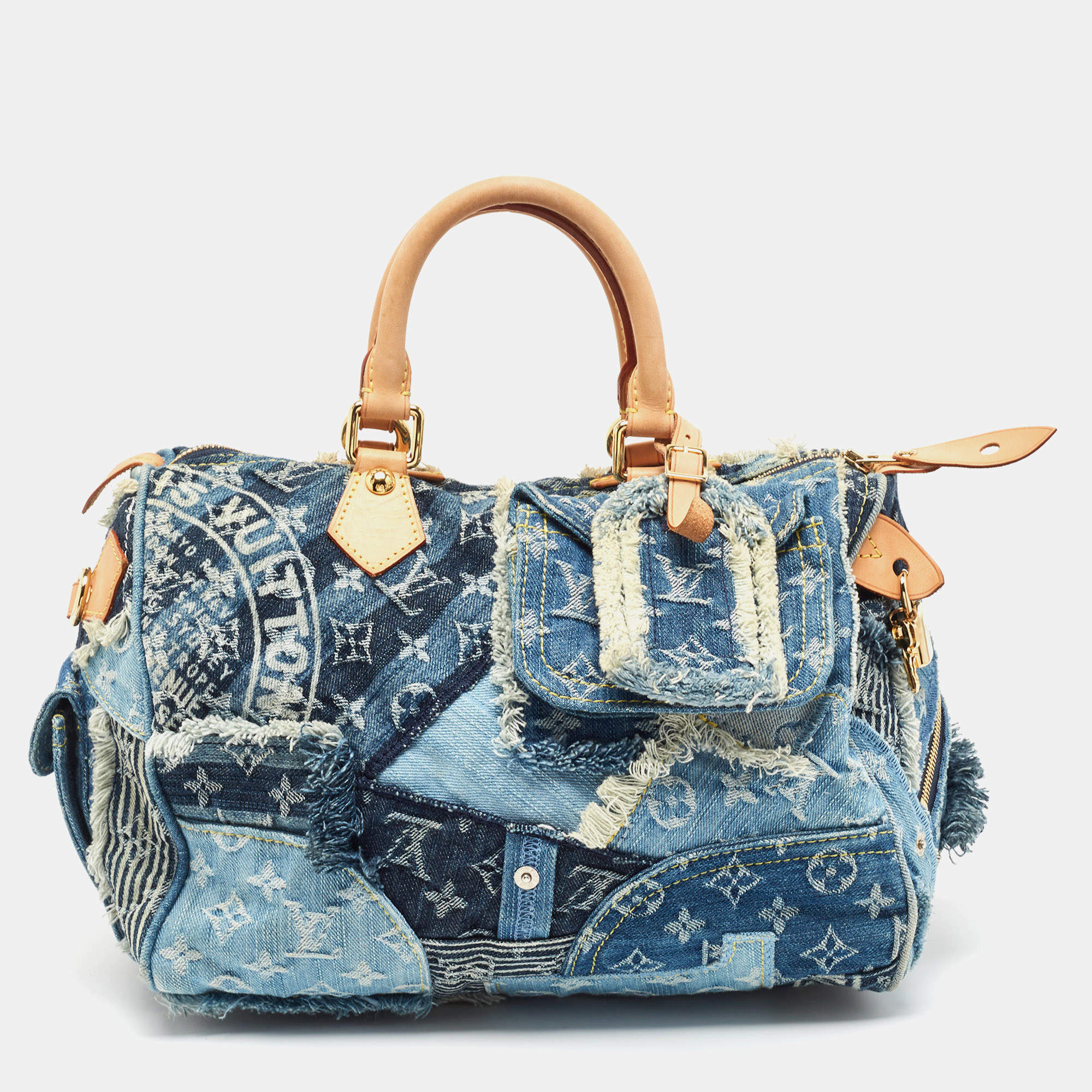 Pre Owned Louis Vuitton Blue Monogram Denim Limited Edition Patchwork Speedy Bag