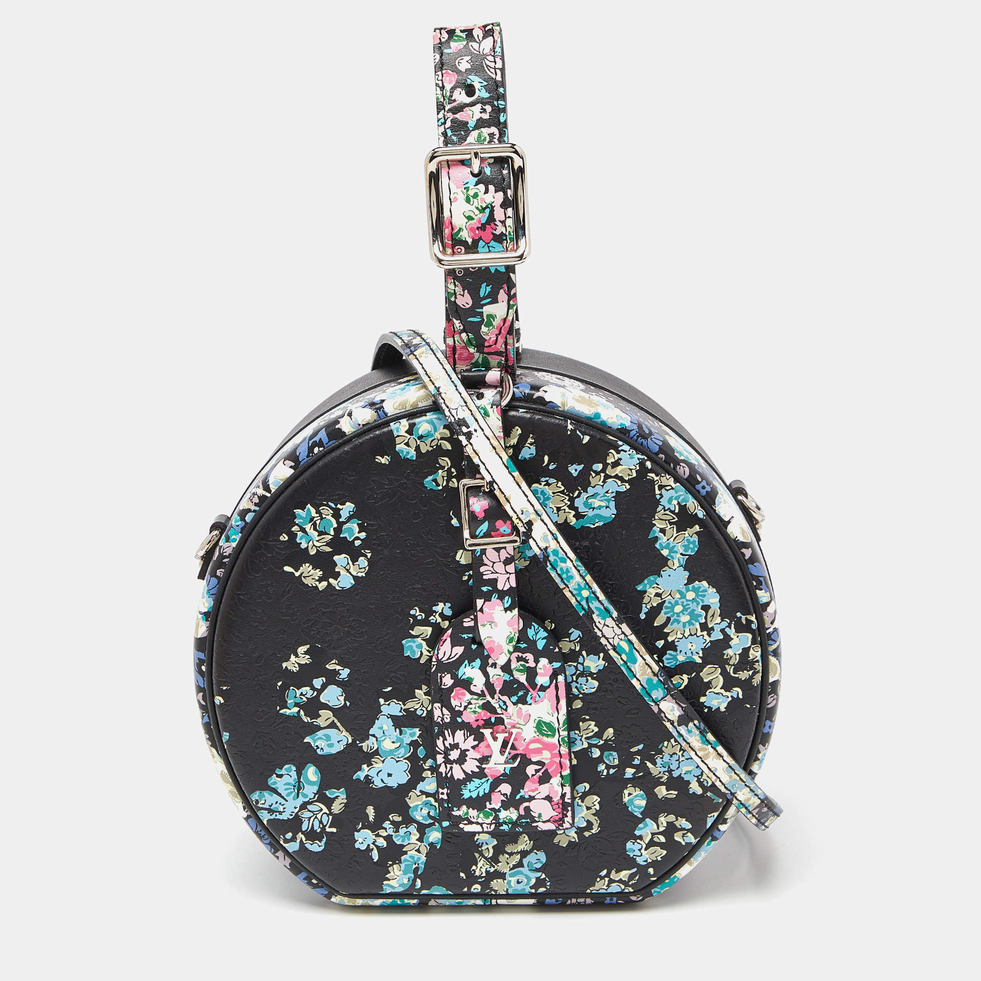 Pre Owned Louis Vuitton Black Floral Print Leather Petite Boite Chapeau Bag