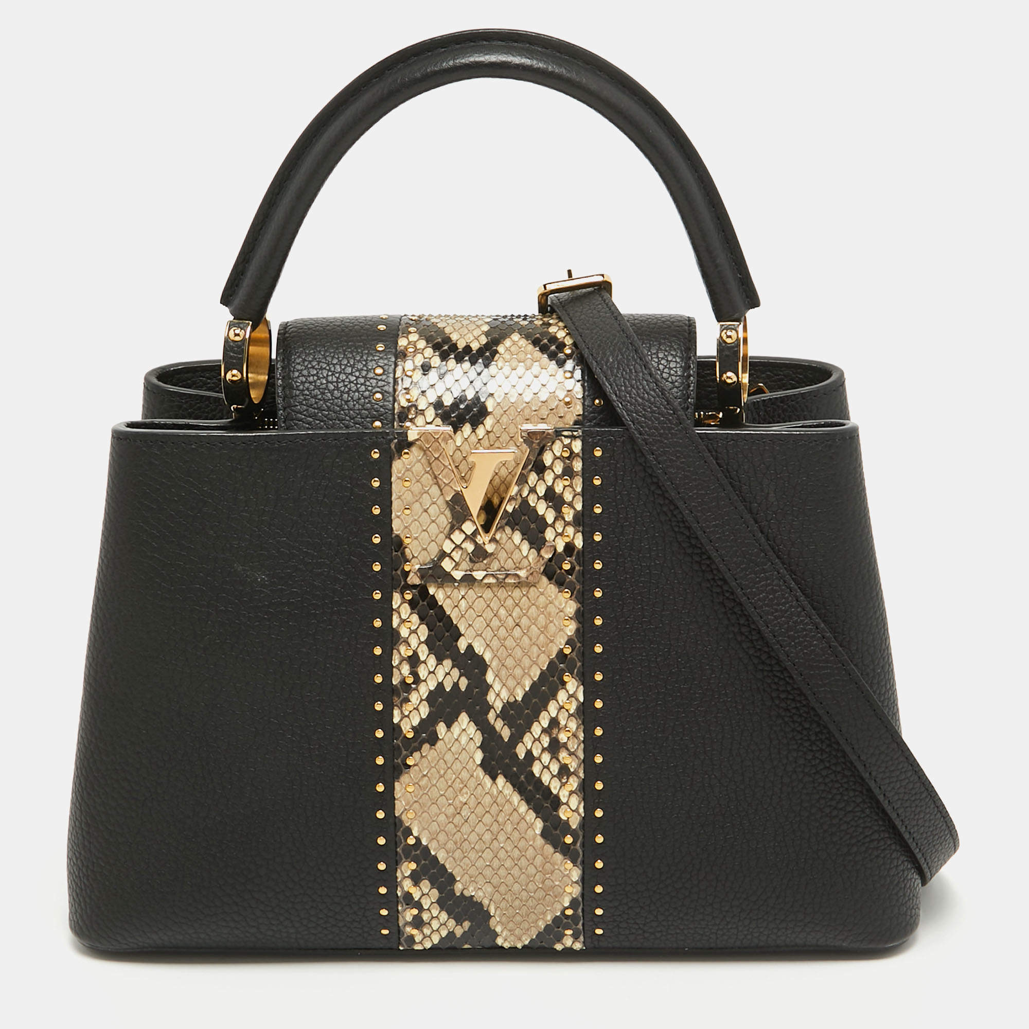 Louis Vuitton Black/Beige Leather and Python Capucines MM Bag Louis ...