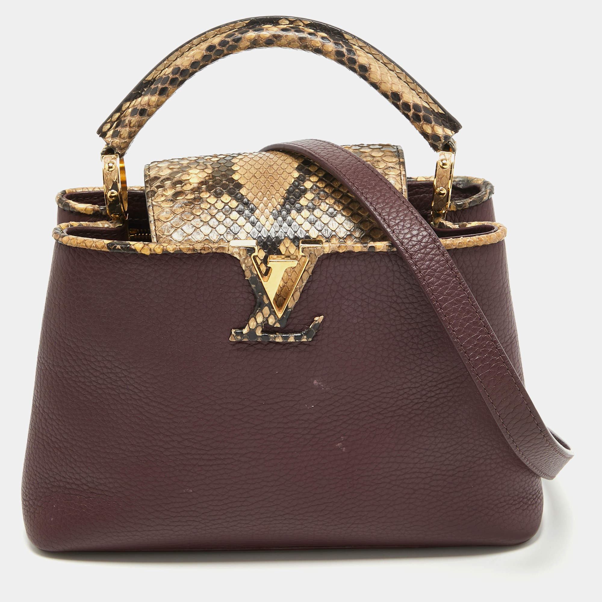 Pre Owned Louis Vuitton Deep Purple/Beige Leather and Python Capucines BB Bag