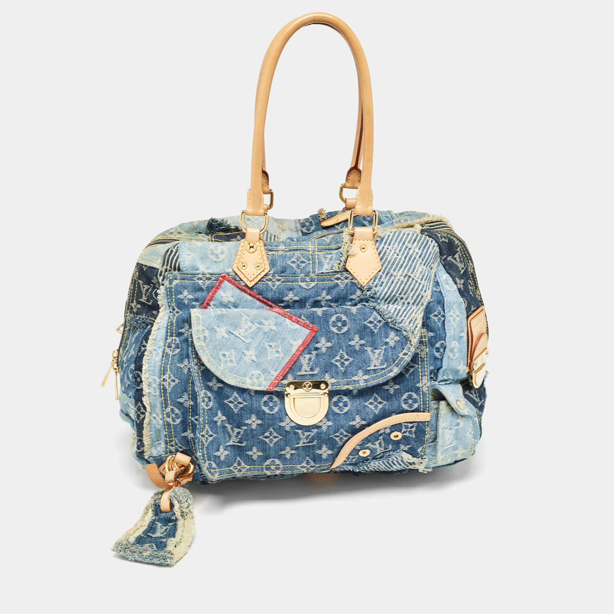 Pre Owned Louis Vuitton Blue Monogram Patchwork Denim Bowly Bag