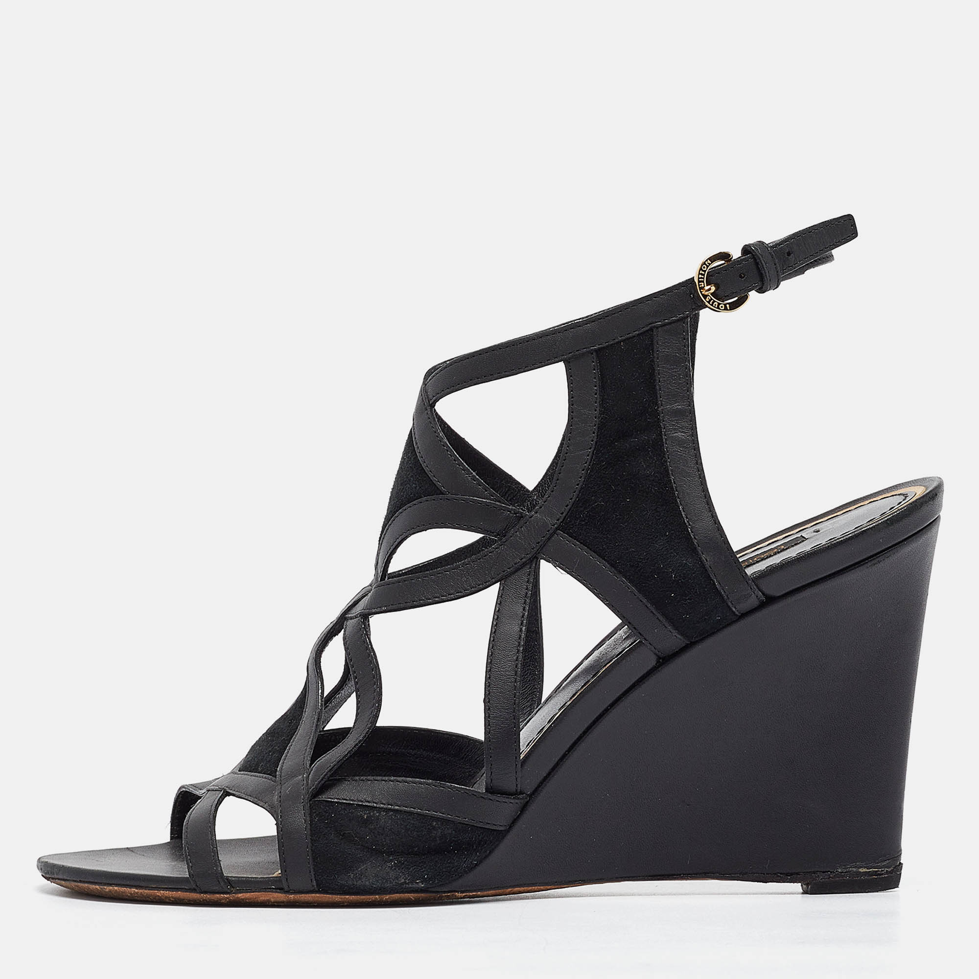 Pre Owned Louis Vuitton Black Suede and Leather Wedge Sandals Size 39.5