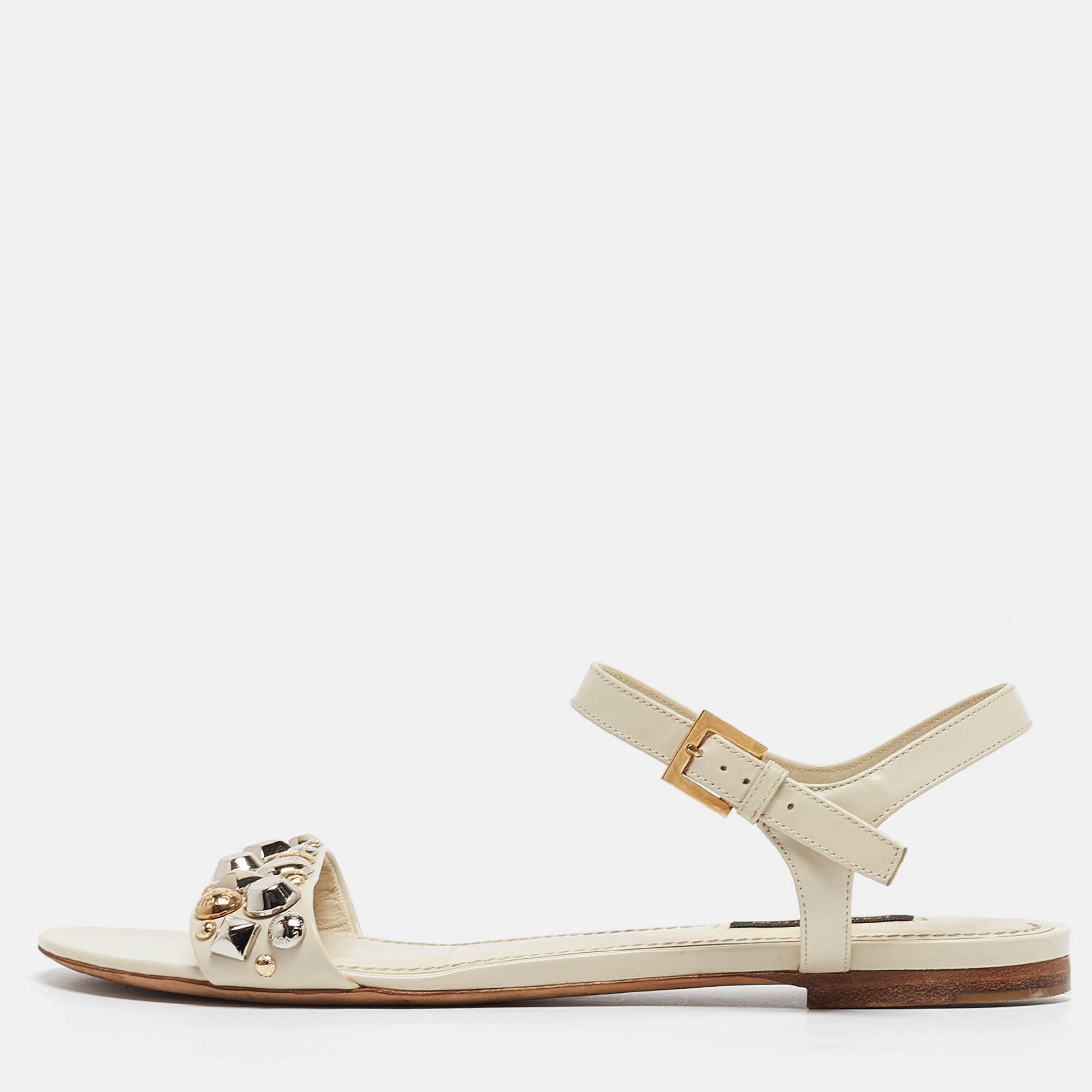 Louis Vuitton Cream Leather Embellished Slingback Flat Sandals Size 39.5