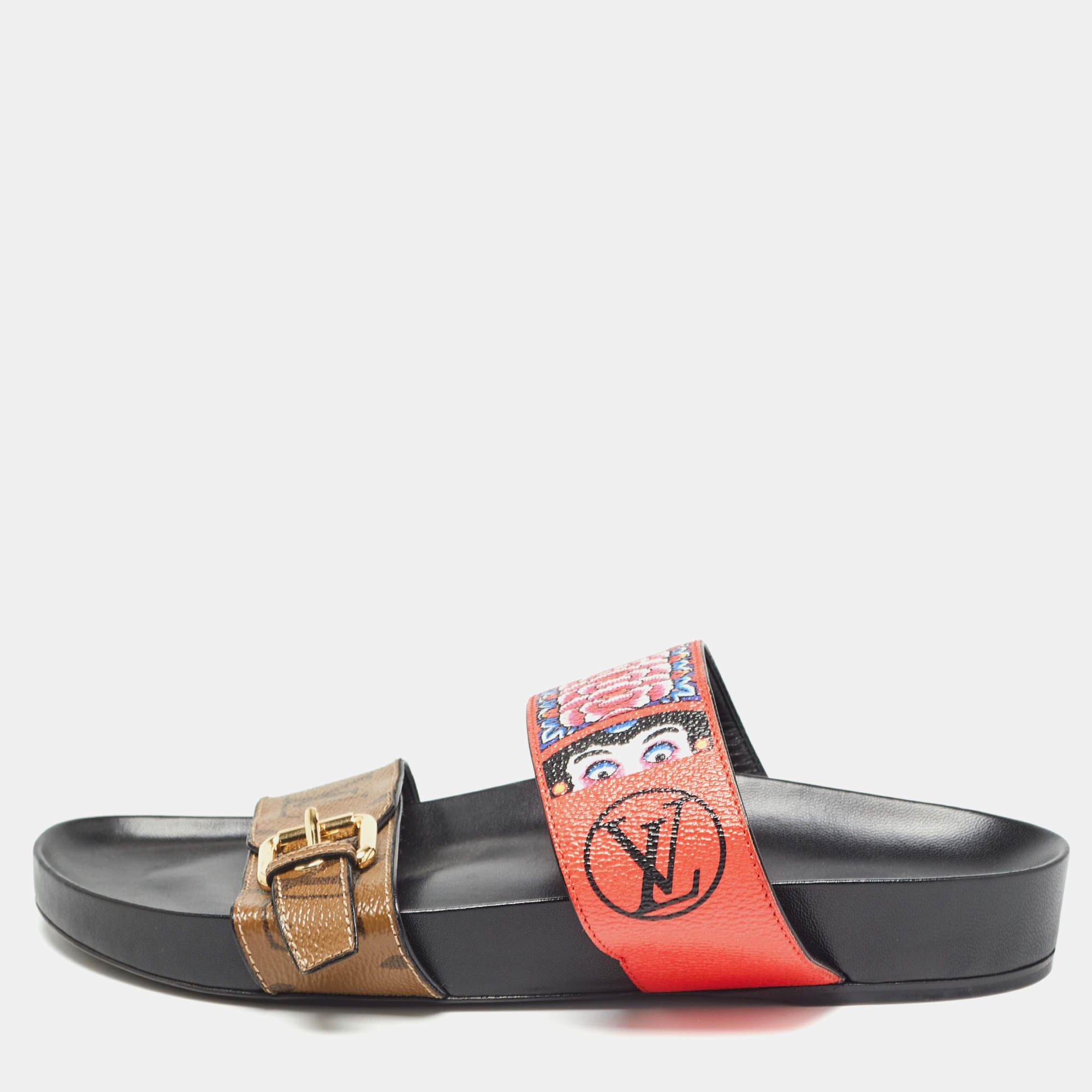 Louis Vuitton Brown/Red Floral Print and Monogram Canvas Bom Dia Sandals Size 39