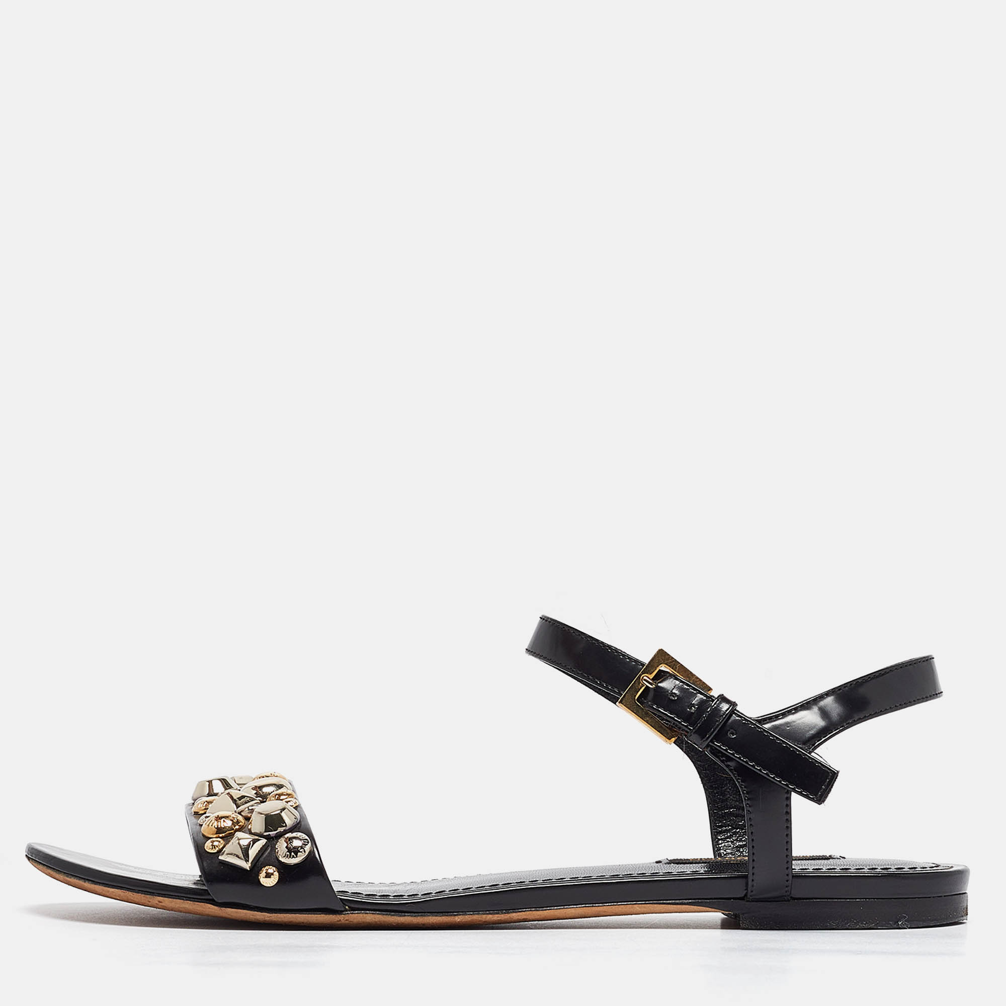 Pre Owned Louis Vuitton Black Leather Embellished Slingback Flat Sandals Size 40