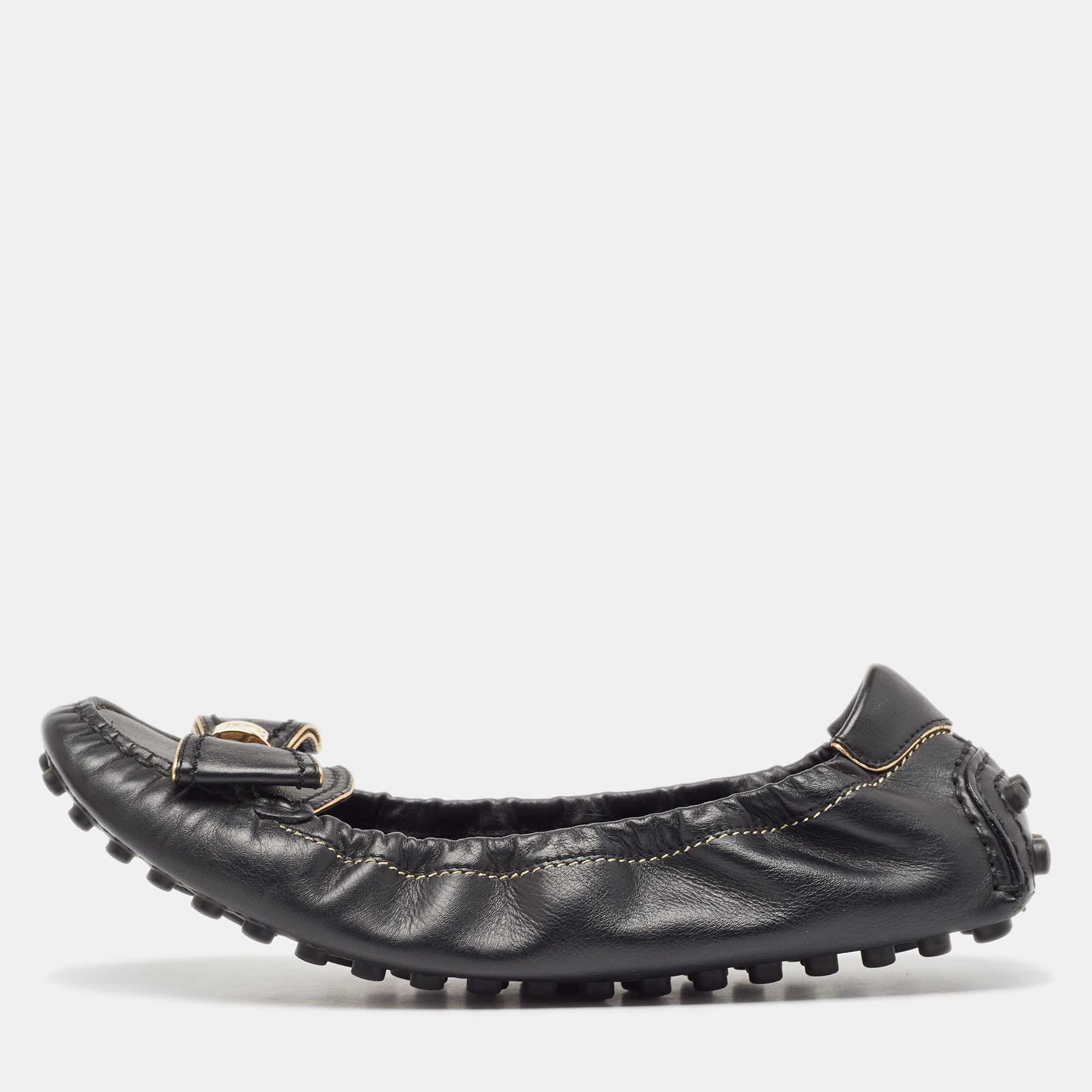 Pre Owned Louis Vuitton Black Leather Bow Tempting Scrunch Loafers Size 38.5 