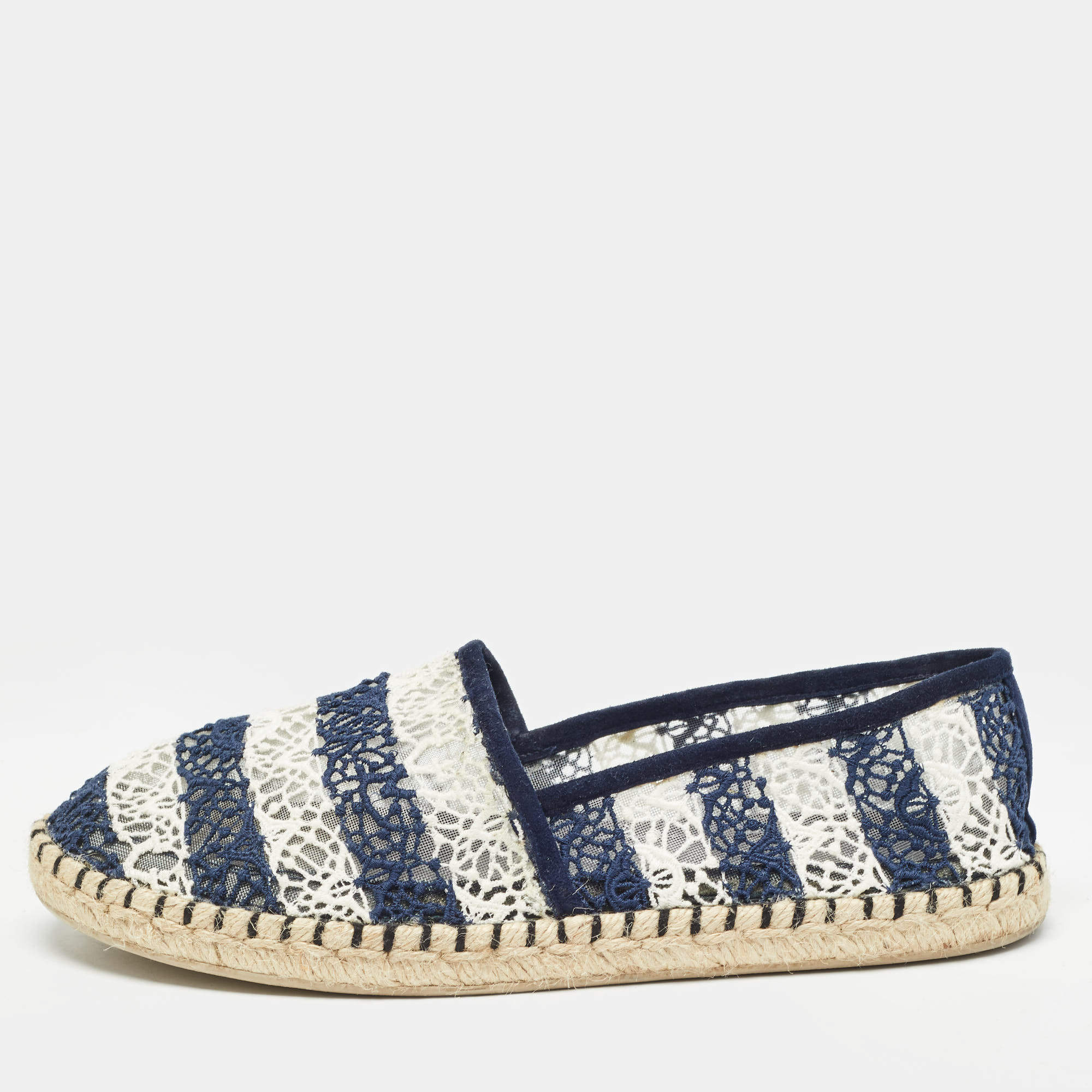 Pre Owned Louis Vuitton Navy Blue/White Lace Espadrille Flats Size 37.5