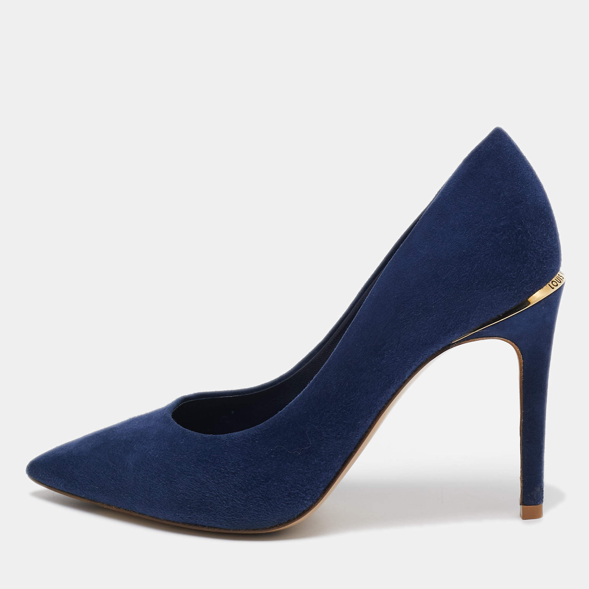 Pre Owned Louis Vuitton Navy Blue Suede Pointed Toe Pumps Size 36.5