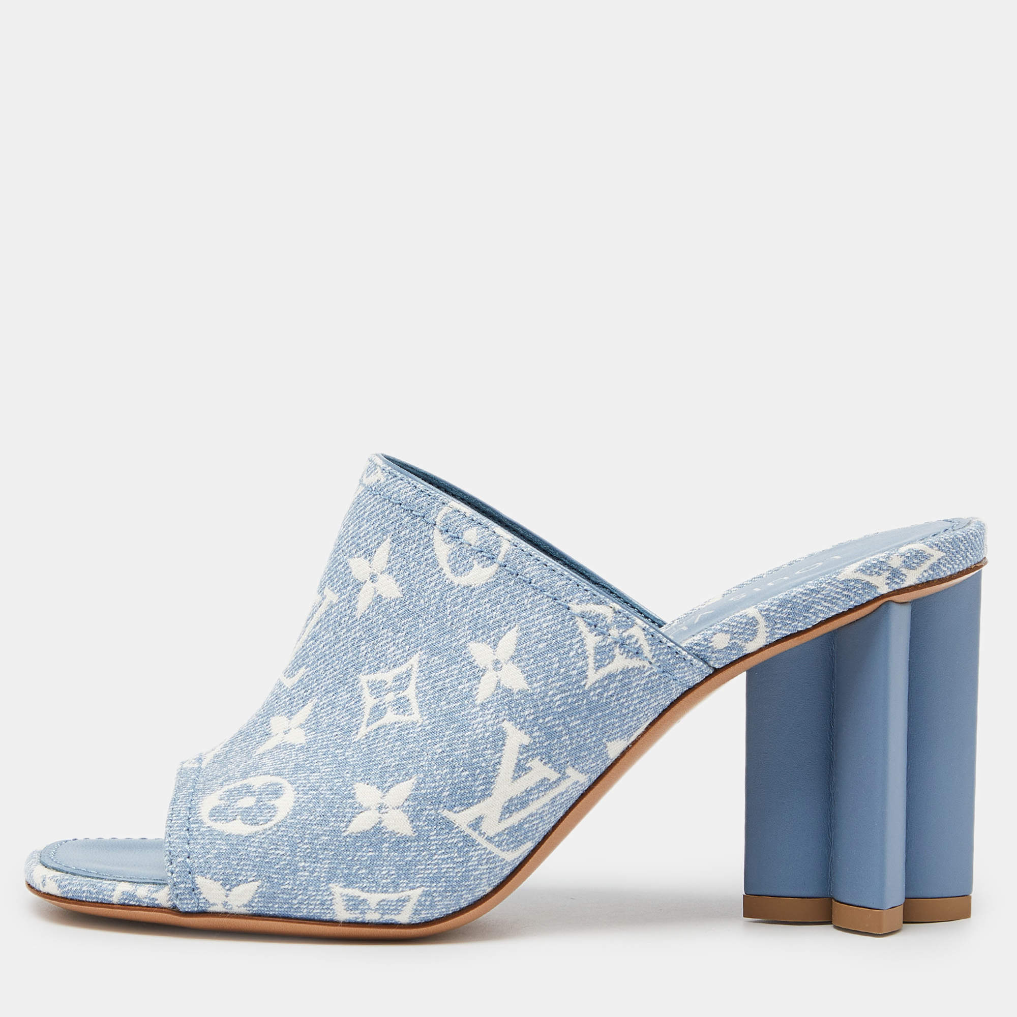 Louis Vuitton Blue Monogram Denim Leather Mules Size 37