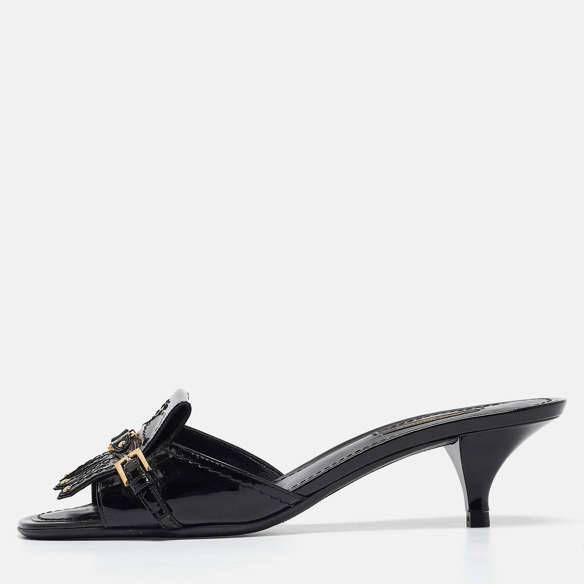 Pre Owned Louis Vuitton Black Patent Leather Studded Fringe Buckle Detail Slide Sandals Size 38.5