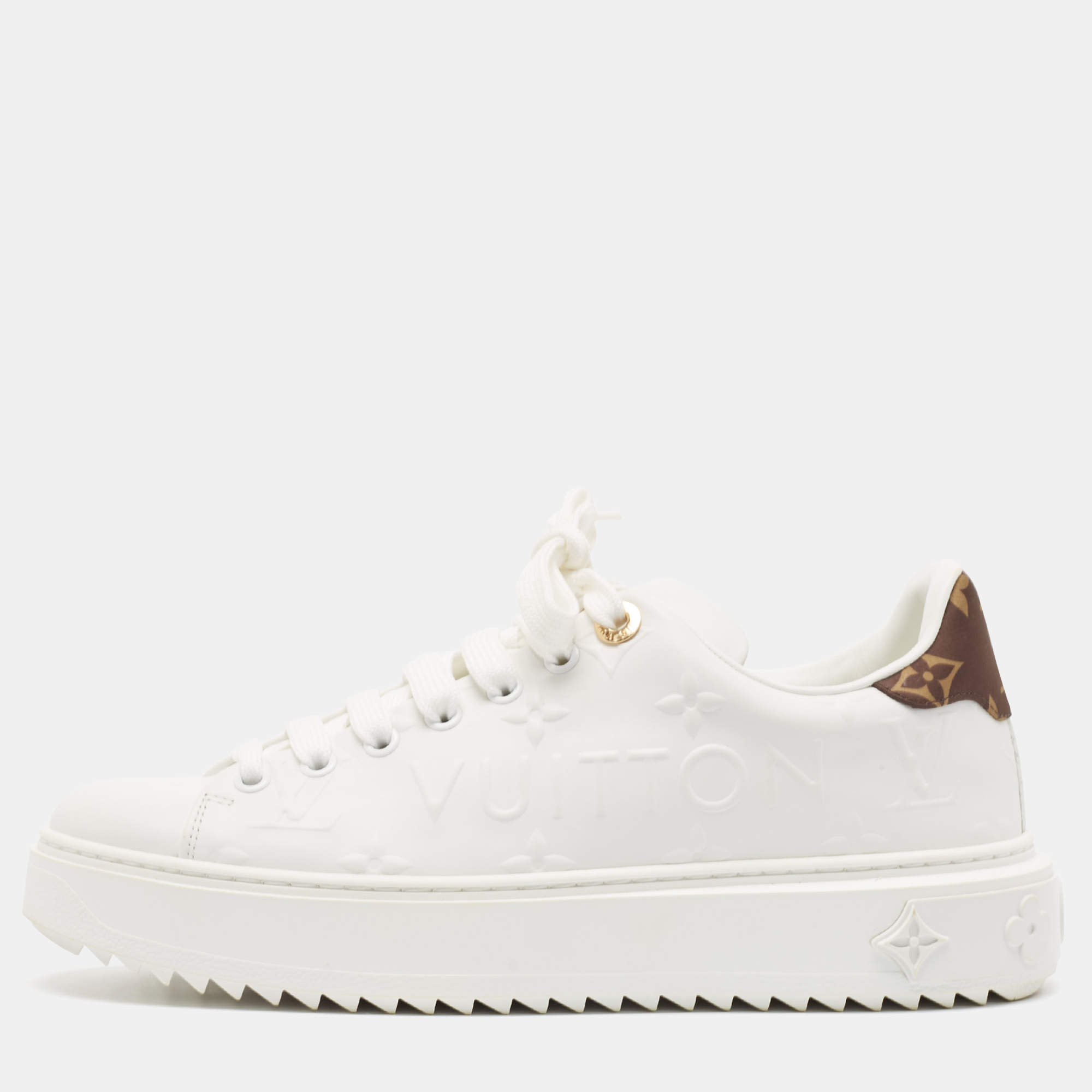 Louis Vuitton White Monogram Debossed Leather Time Out Sneakers Size 38