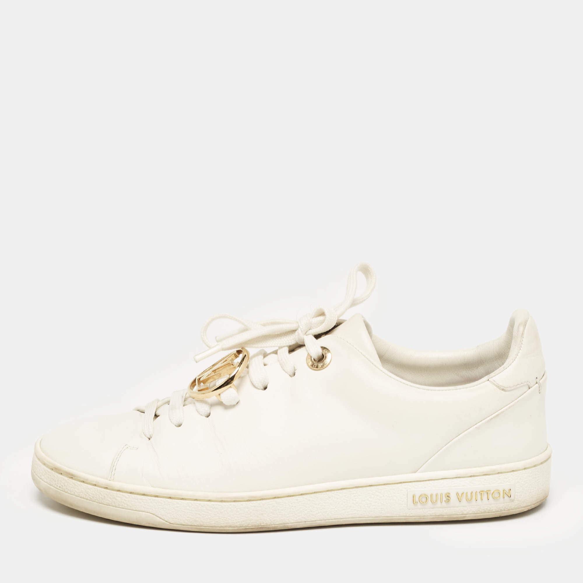 Pre Owned Louis Vuitton White Leather V Logo Lace Up Sneakers Size 36