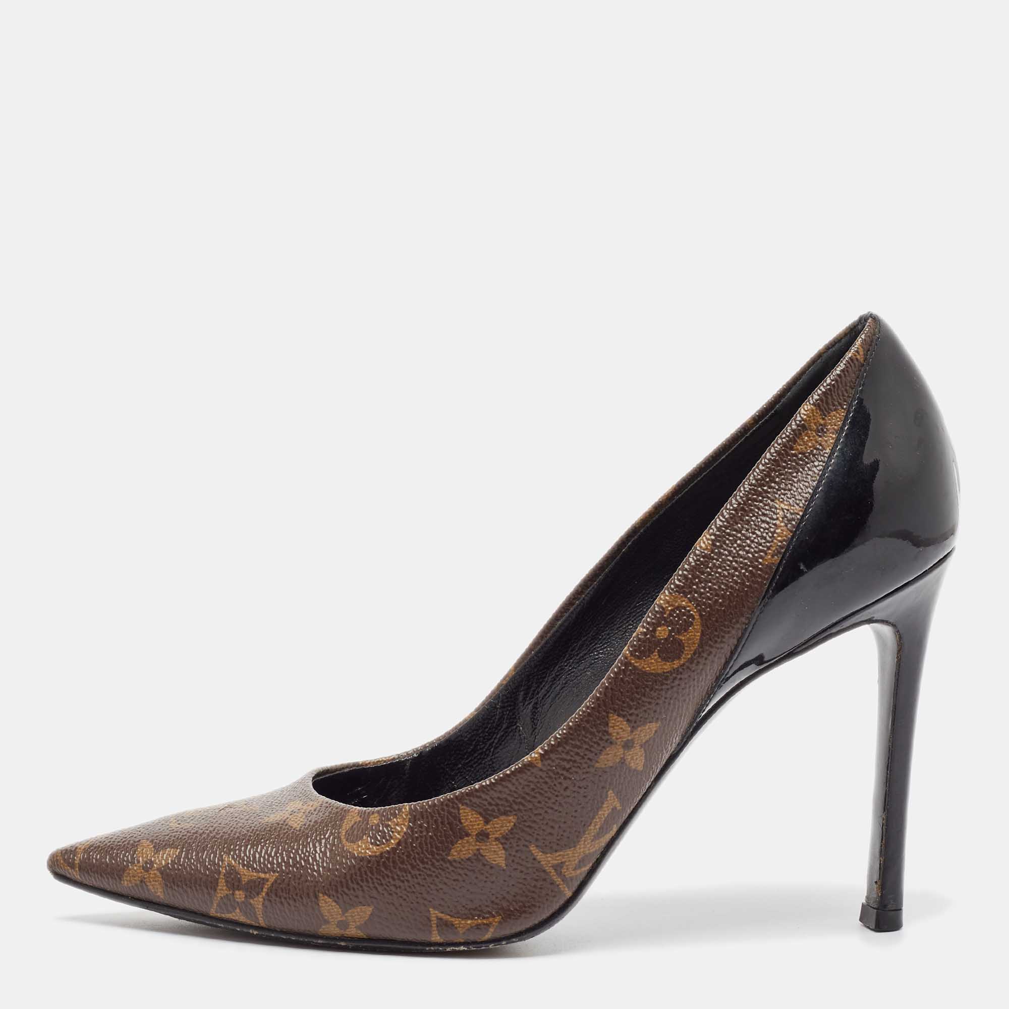 Louis Vuitton Brown Monogram Canvas and Patent Leather Chérie Pumps Size 39