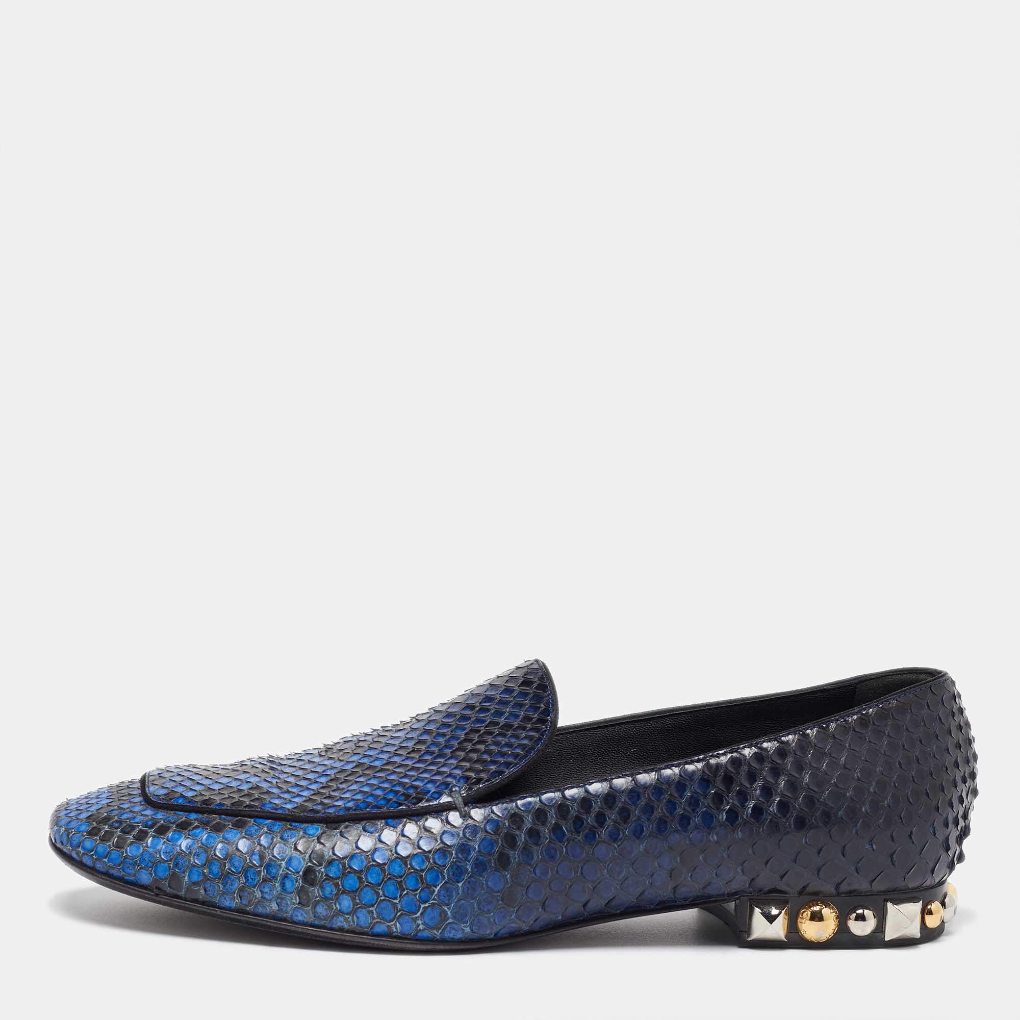 Louis Vuitton Blue/Black Python Studded Heel Loafers Size 37.5