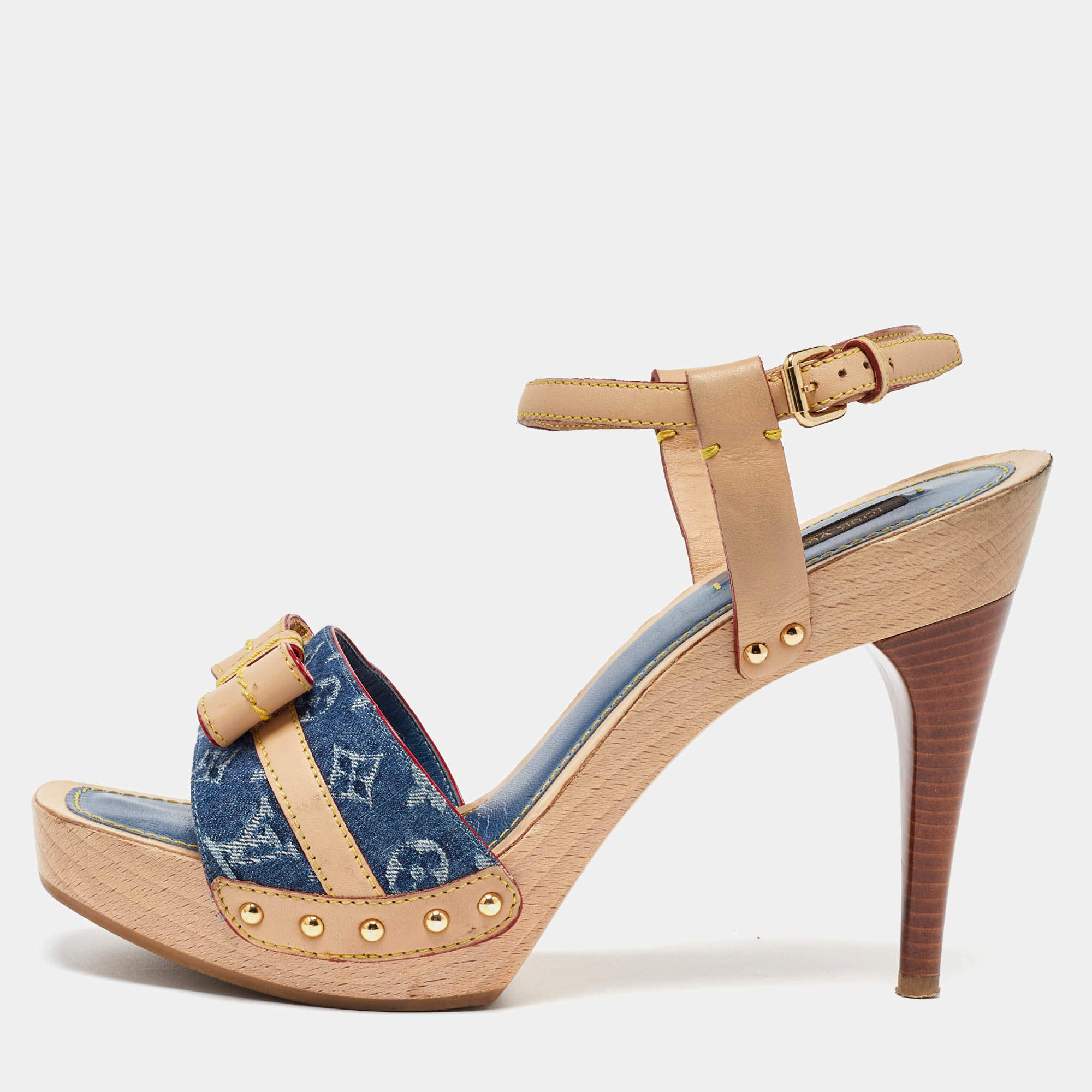 Pre Owned Louis Vuitton Beige/Blue Monogram Denim AND Leather Bow Ankle Strap Sandals Size 39.5
