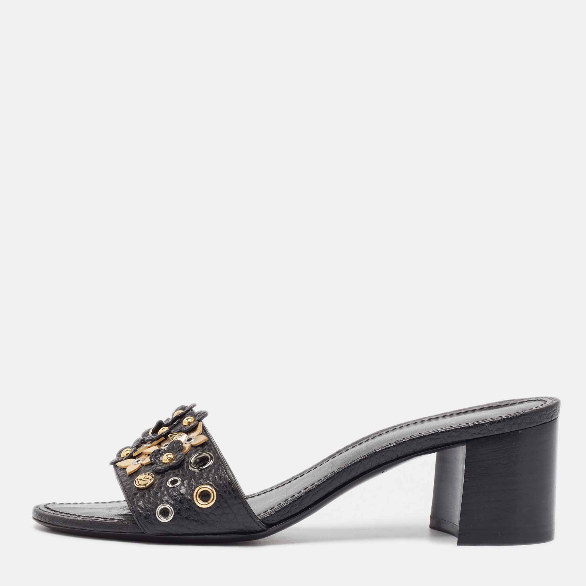 Louis Vuitton Black Leather Embellished Slide Sandals Size 37