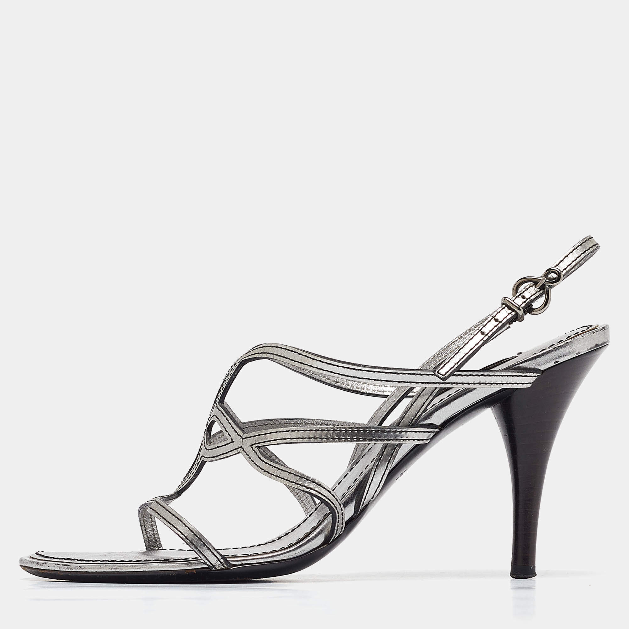 Louis Vuitton Silver Leather Ankle Strap Sandals Size 36.5