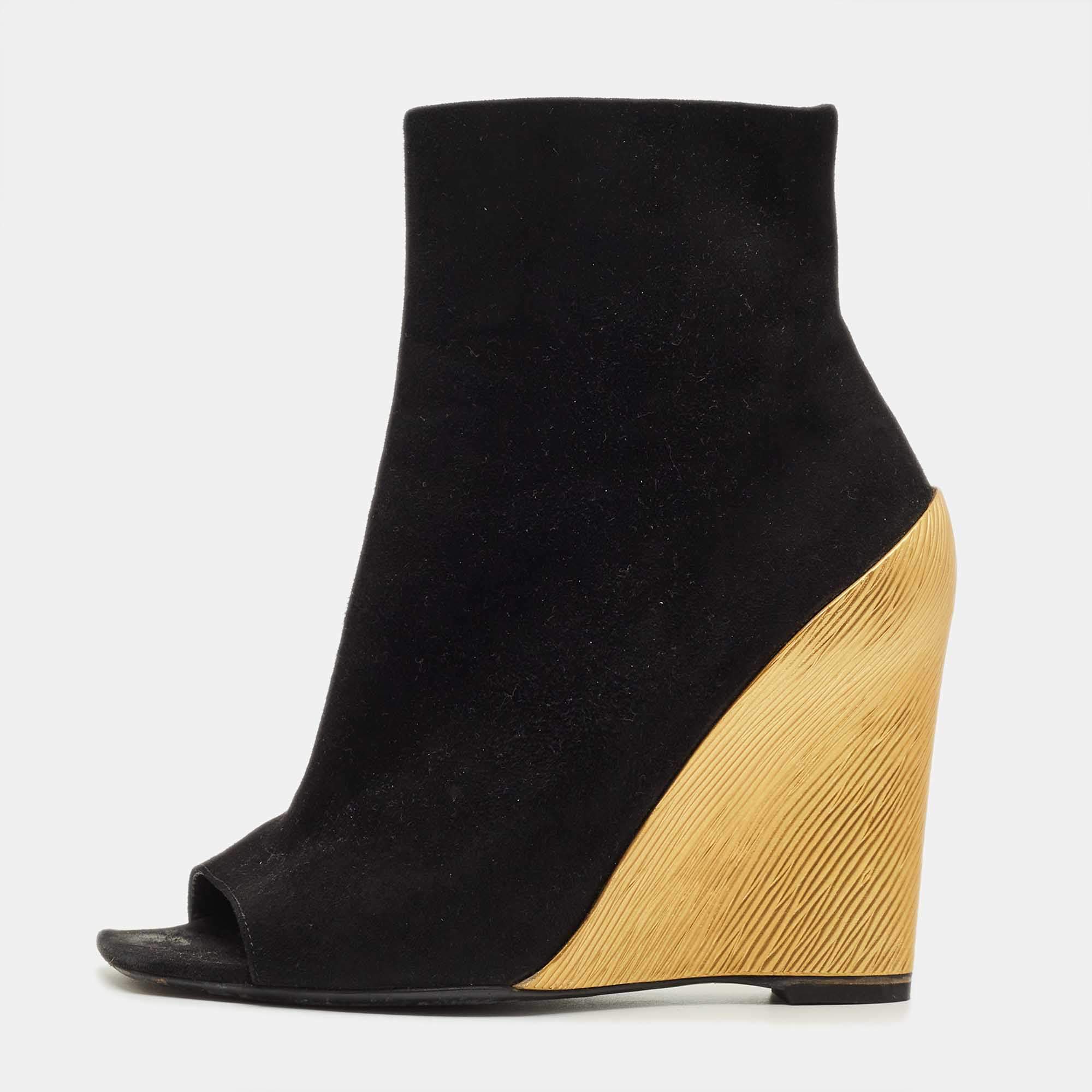 Pre Owned Louis Vuitton Black Suede Wedge Ankle Length Boots Size 38