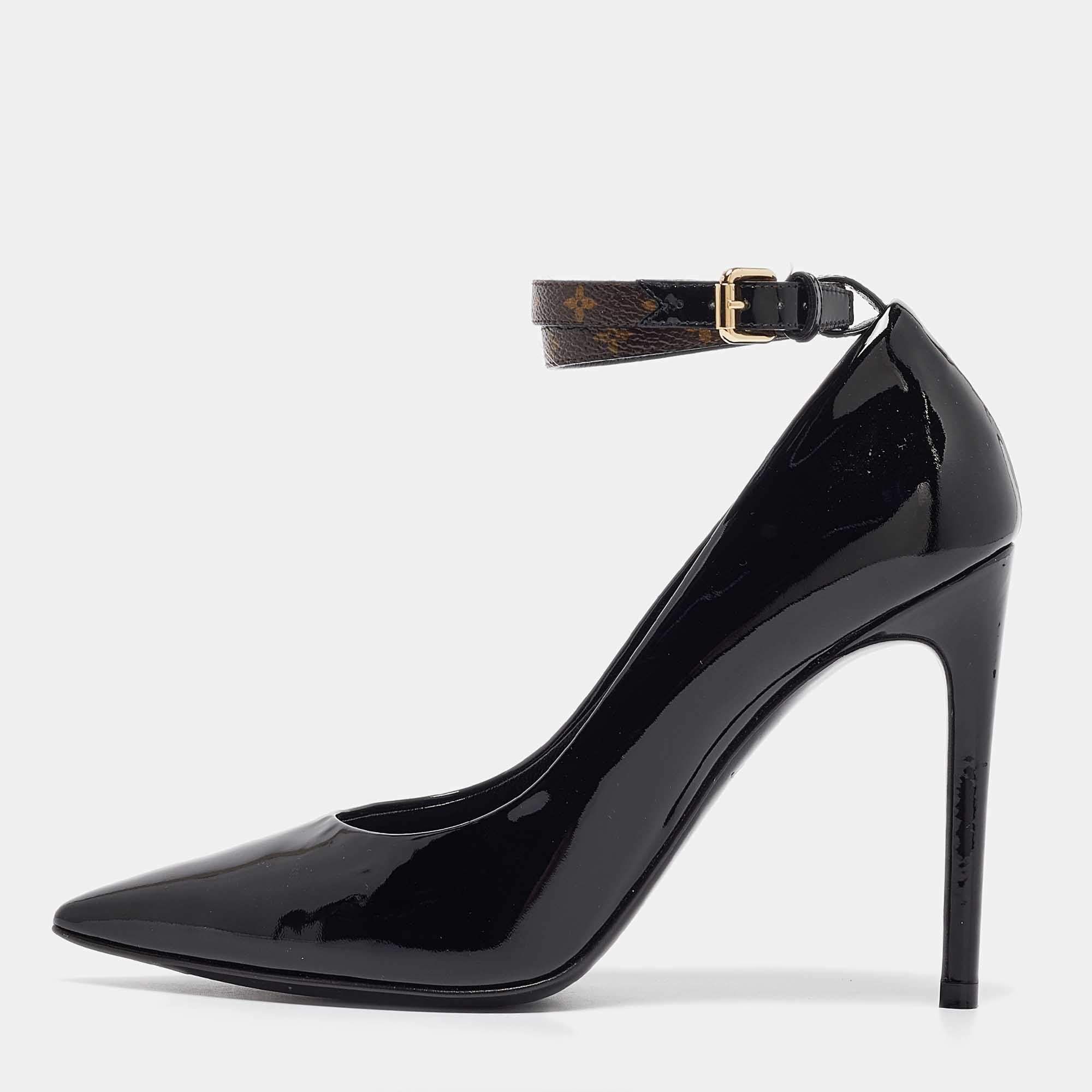 Pre Owned Louis Vuitton Black Patent Leather Ankle Strap Pumps Size 36.5