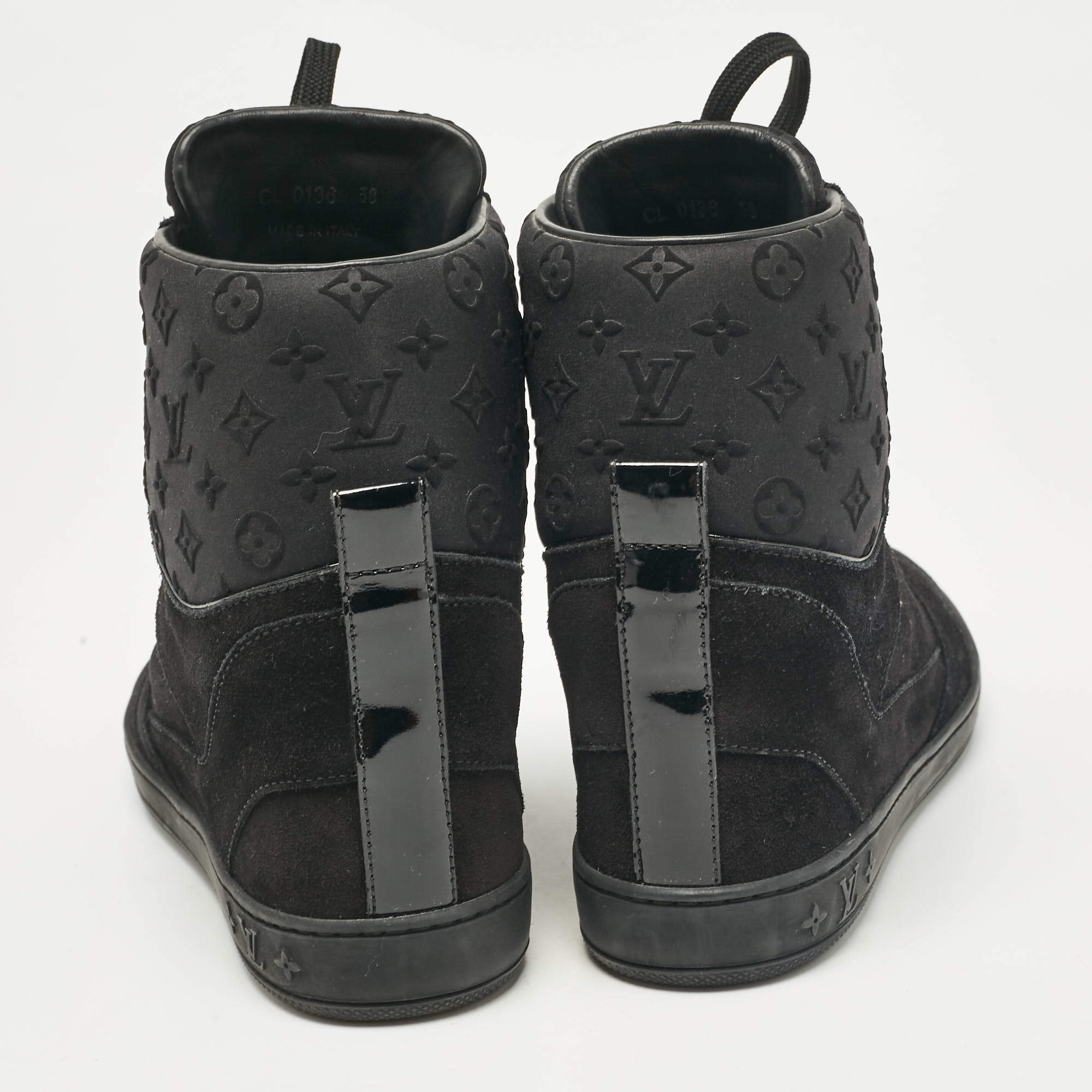 Pre Owned Louis Vuitton Black Neoprene and Suede Wedge Sneakers Size 38