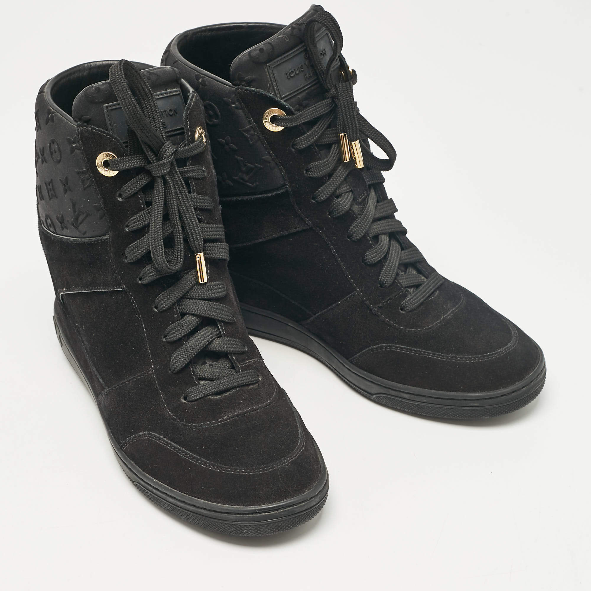 Pre Owned Louis Vuitton Black Neoprene and Suede Wedge Sneakers Size 38