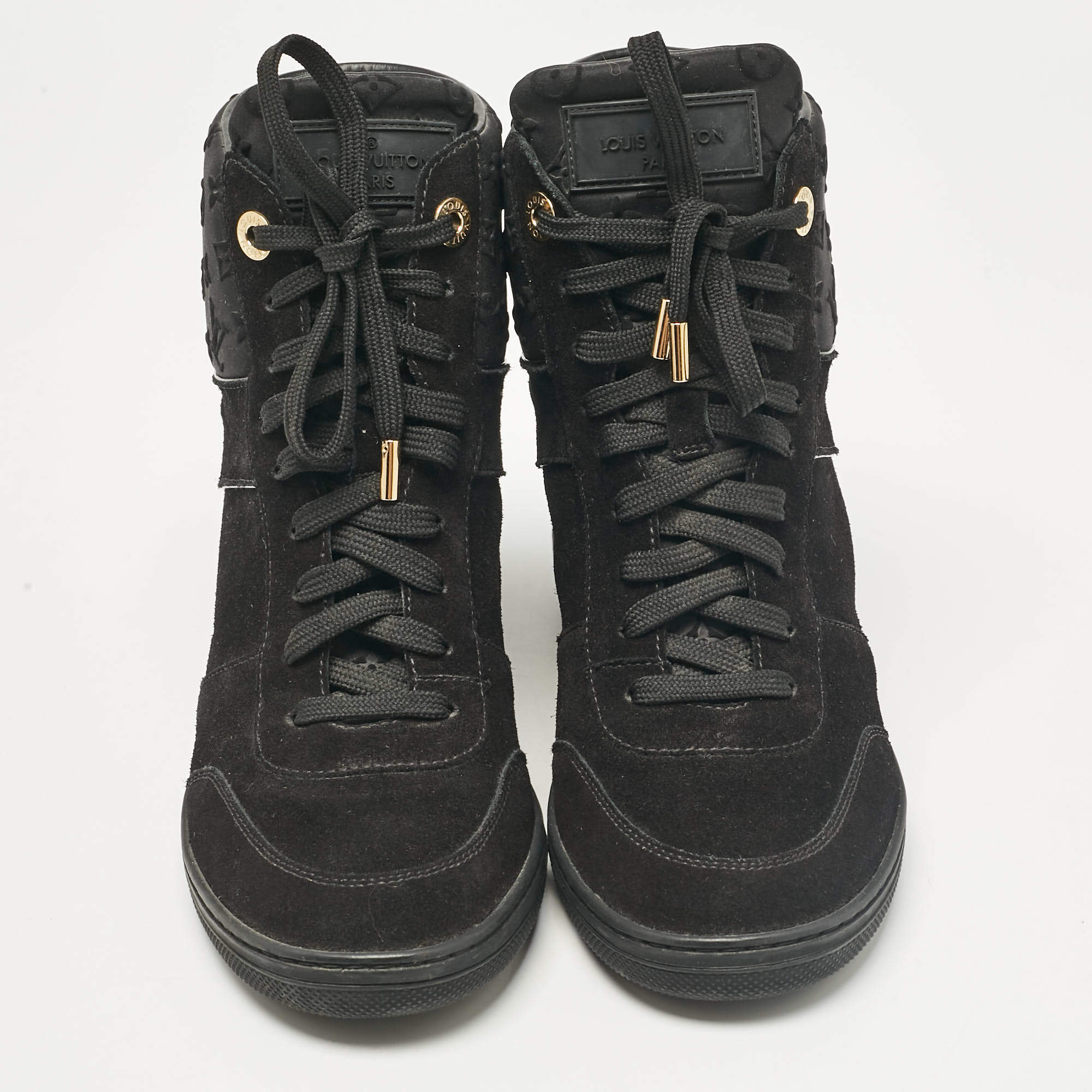 Pre Owned Louis Vuitton Black Neoprene and Suede Wedge Sneakers Size 38