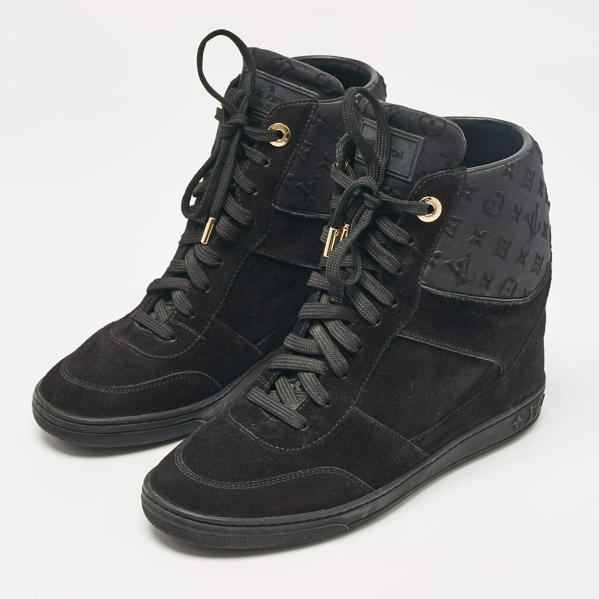 Pre Owned Louis Vuitton Black Neoprene and Suede Wedge Sneakers Size 38
