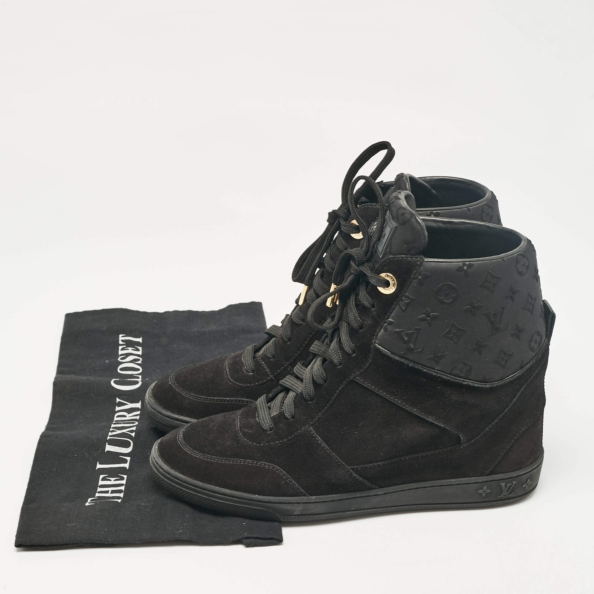 Pre Owned Louis Vuitton Black Neoprene and Suede Wedge Sneakers Size 38