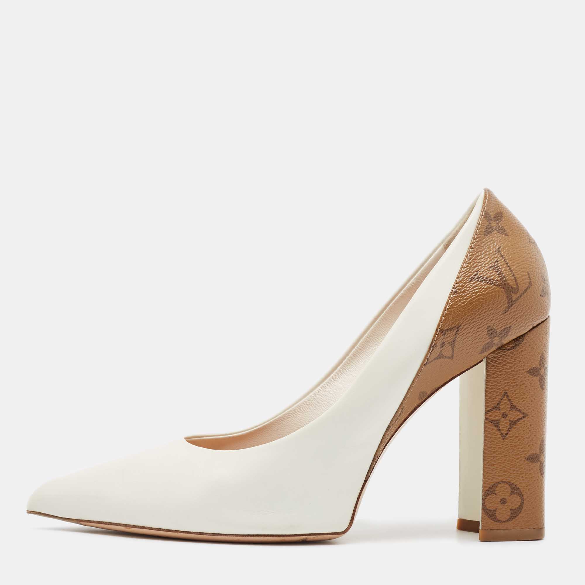 Louis Vuitton White/Brown Leather and Monogram Canvas Matchmake Pumps Size 40