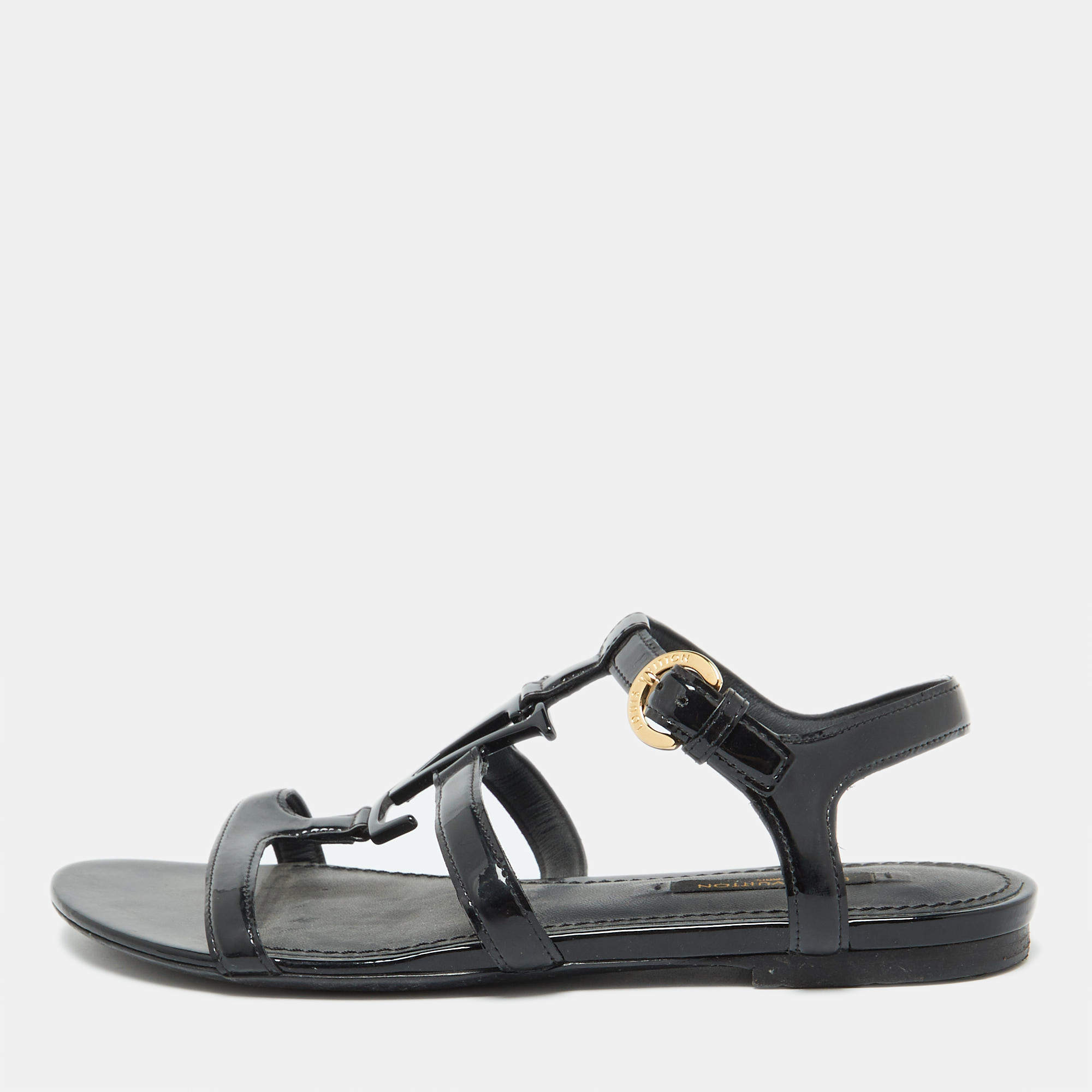 Louis Vuitton Black Patent Leather Paradiso Flat Sandals Size 35