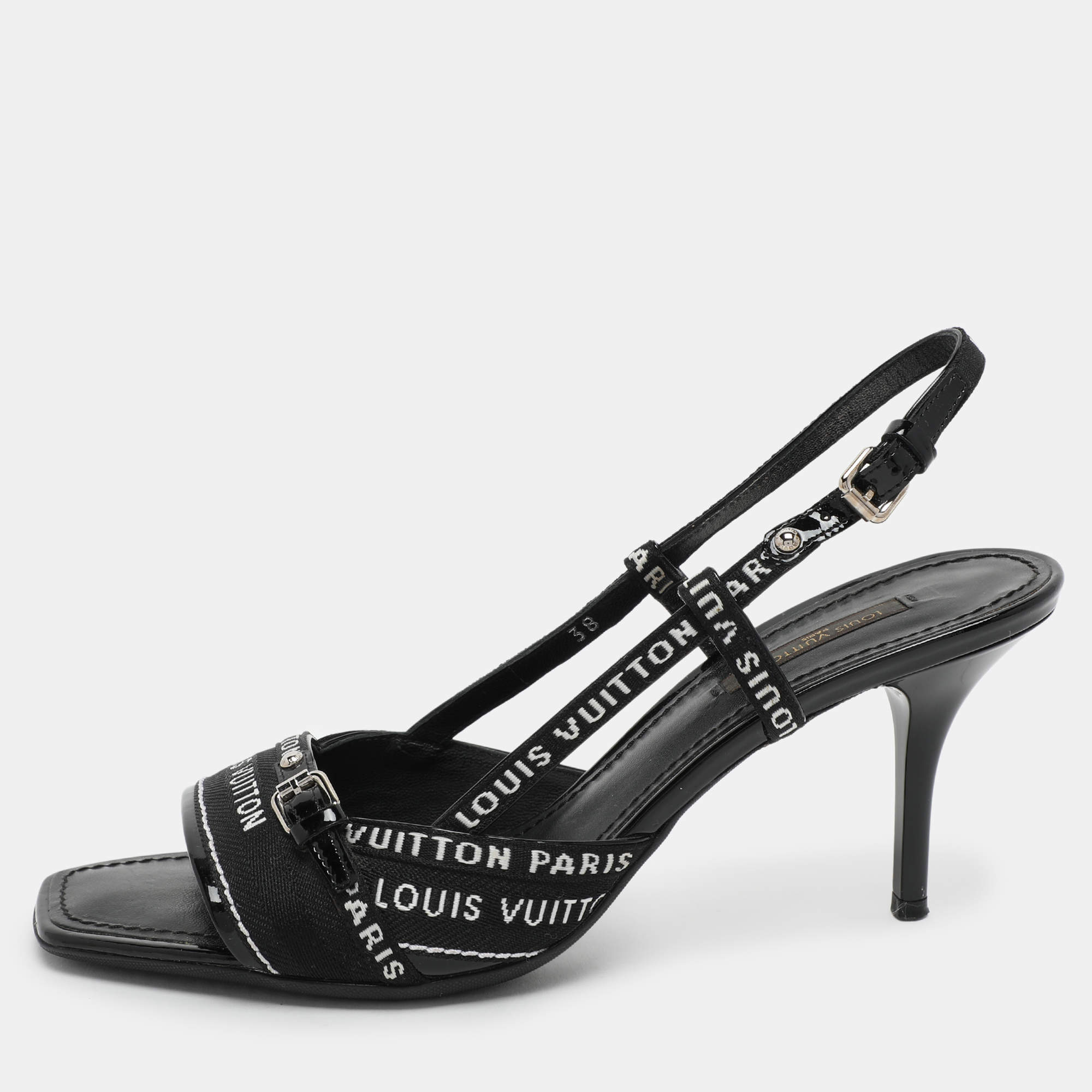 Pre Owned Louis Vuitton Black Patent Leather and Fabric Slingback Sandals Size 38